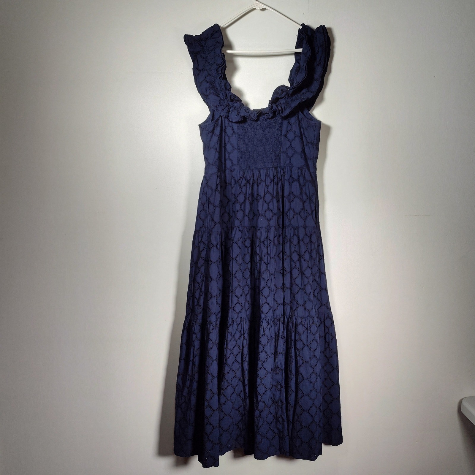 Crown & Ivy NWT Off Shoulder Navy Blue Eyelet Ruffle Tiered Midi Dress Large