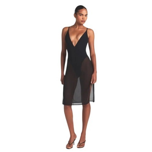 Skims Power Mesh Plunge Midi Dress DS-DRS-6471W Onyx Black XS