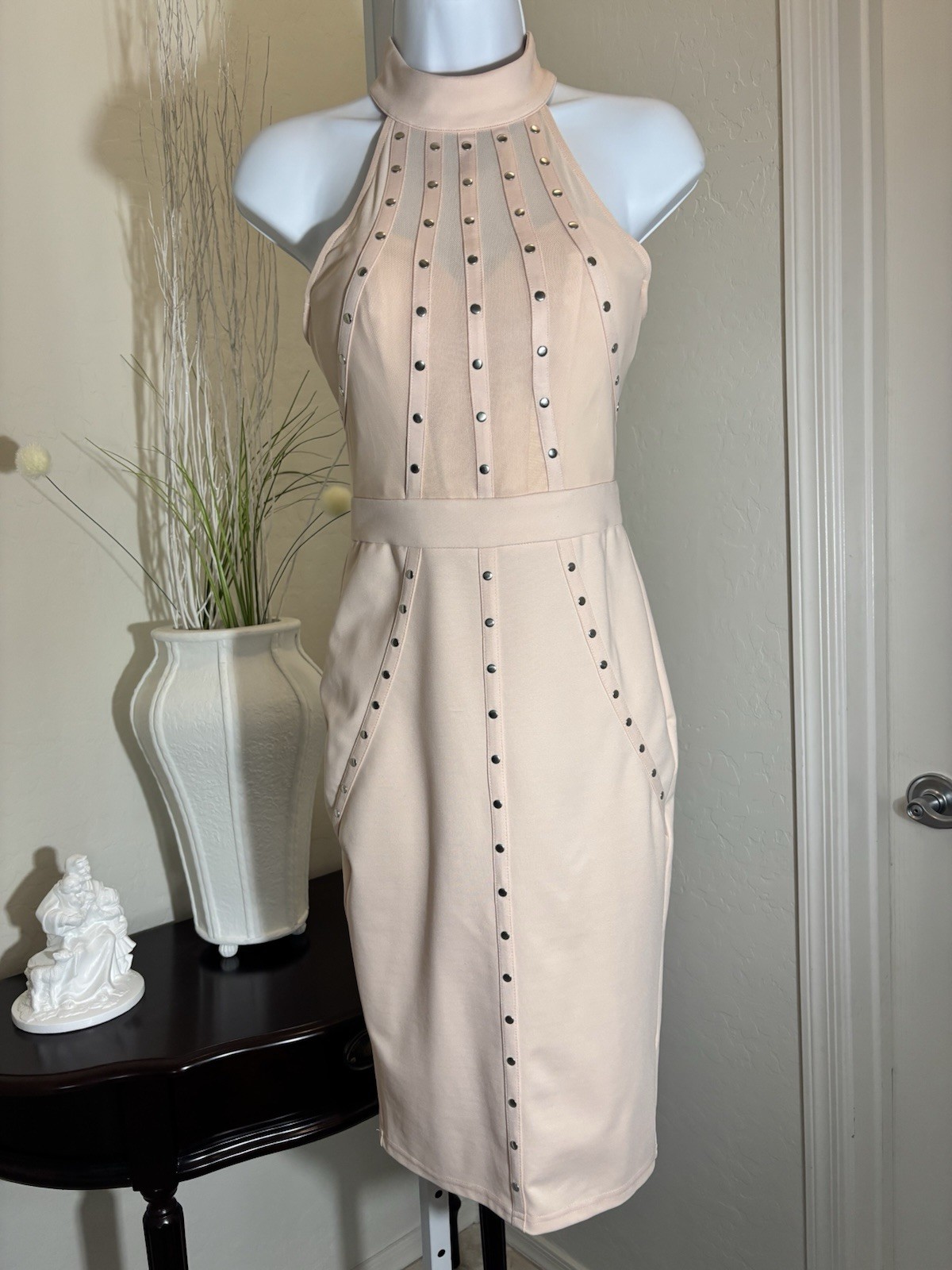 Entry Peach Mesh Sheer Bodycon Halter Knee-Length Dress Polyester Spandex S
