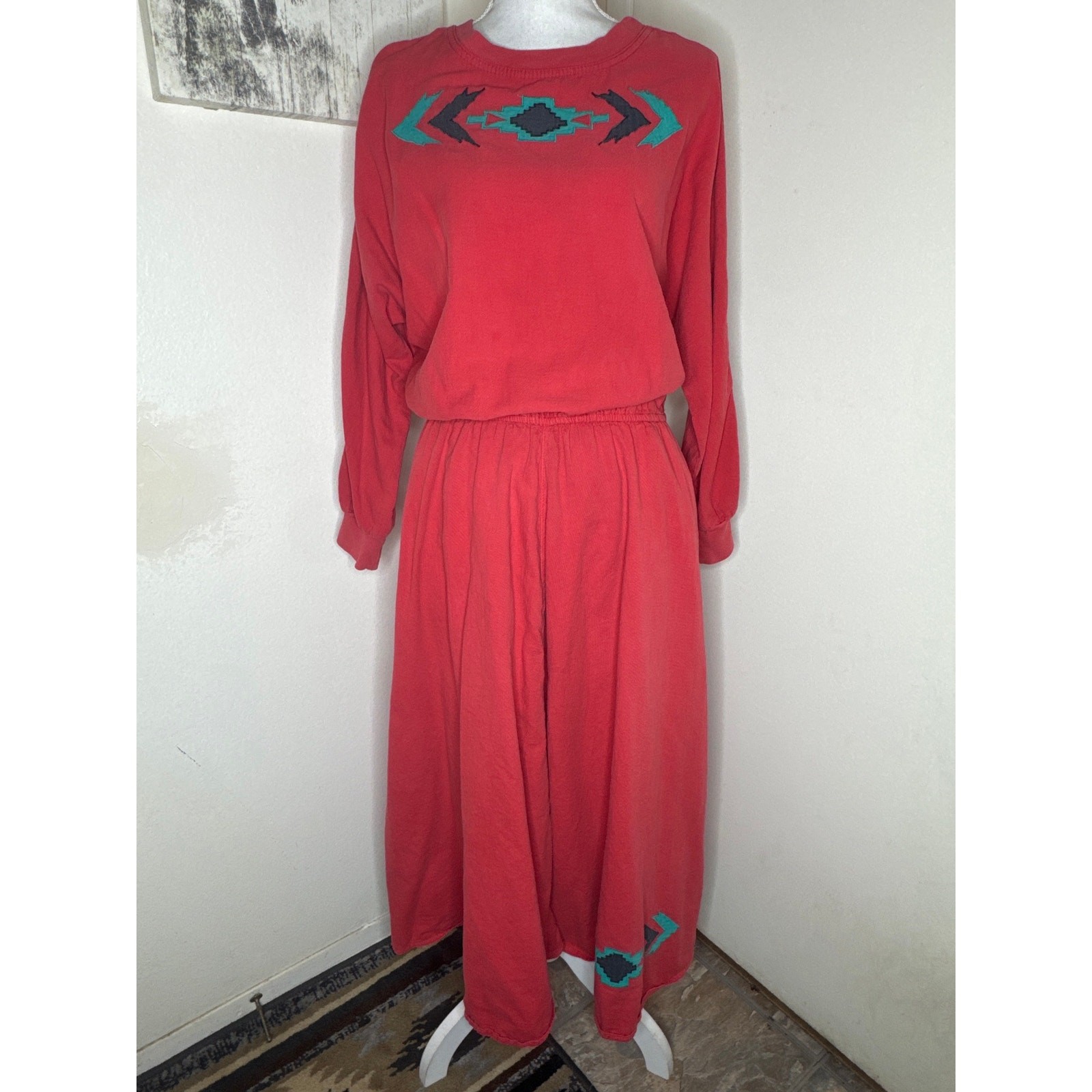Vintage 80s/90s Western Red Maxi Long Sleeve Dress- Geometric Embroidery Cotton