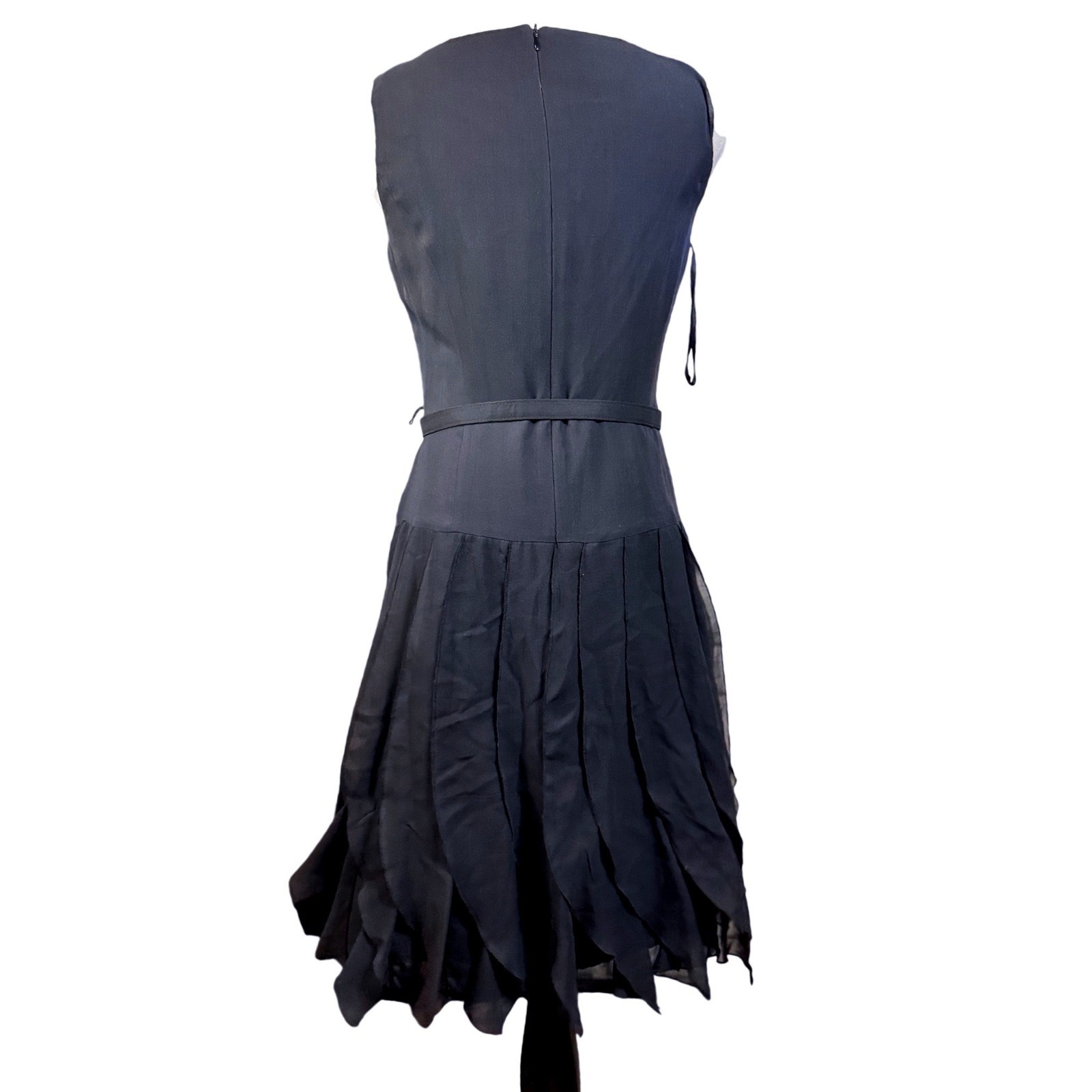 Michelle Antonelli Silk Cocktail Dress Womens 6 Layered Flounce Black Bow Belt
