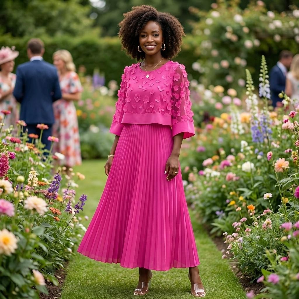 Women Pink Pleated Maxi Dress Mesh Overlay Cape Sleeve A-Line Elegant S-XXL US