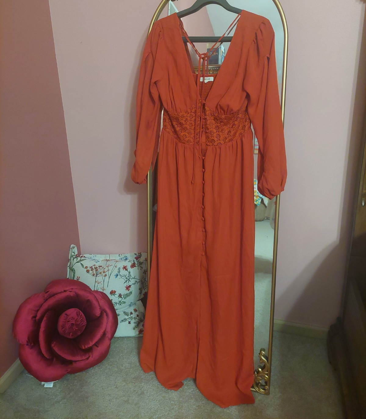LOVECULTURE 2010s Orange Solid V-Neck Long Sleeve Polyester Lace Maxi Dress L