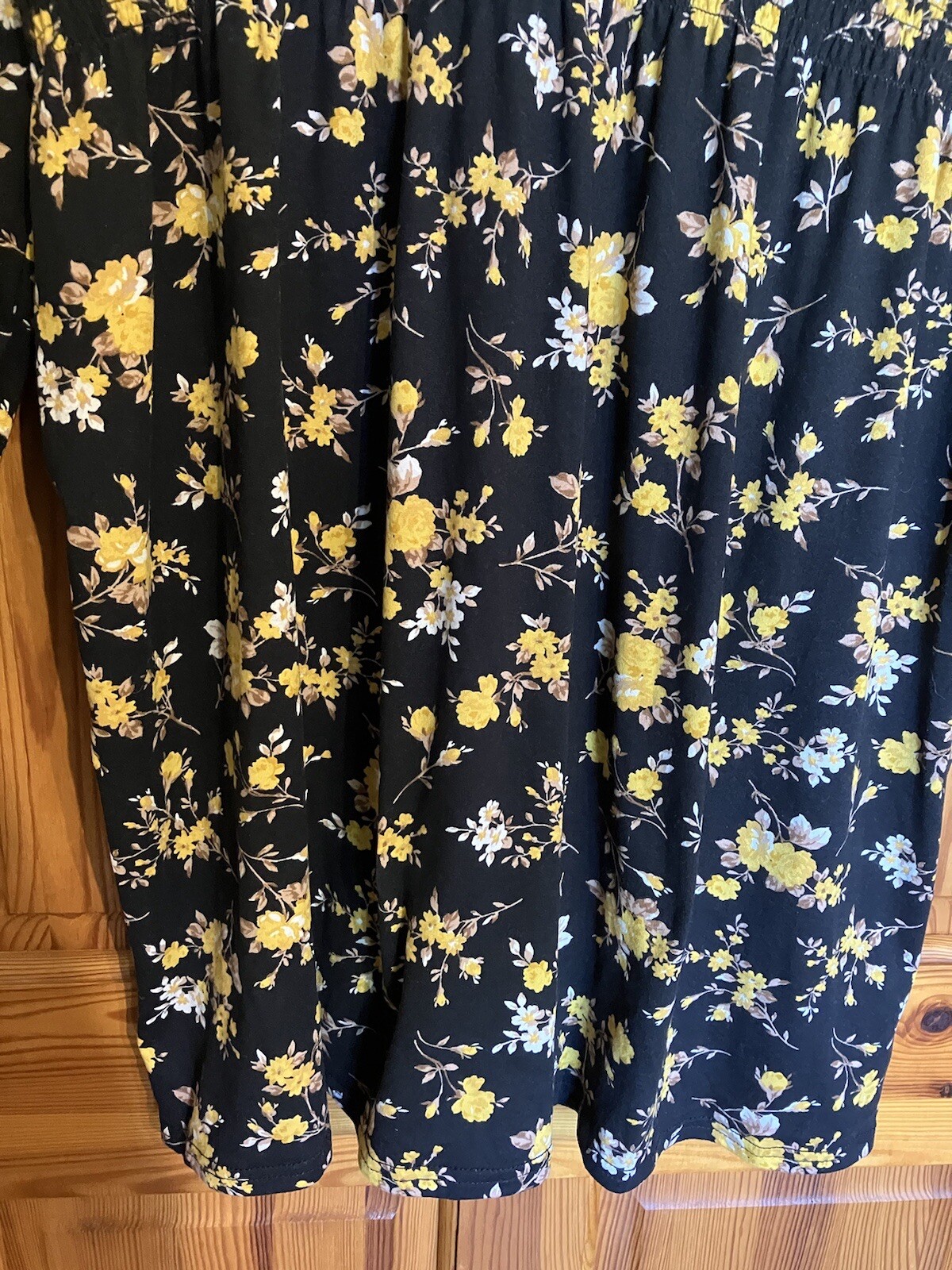 Black With Yellow Floral Pattern Knee Length Dress, XL by Pep&Co Long Sleeve