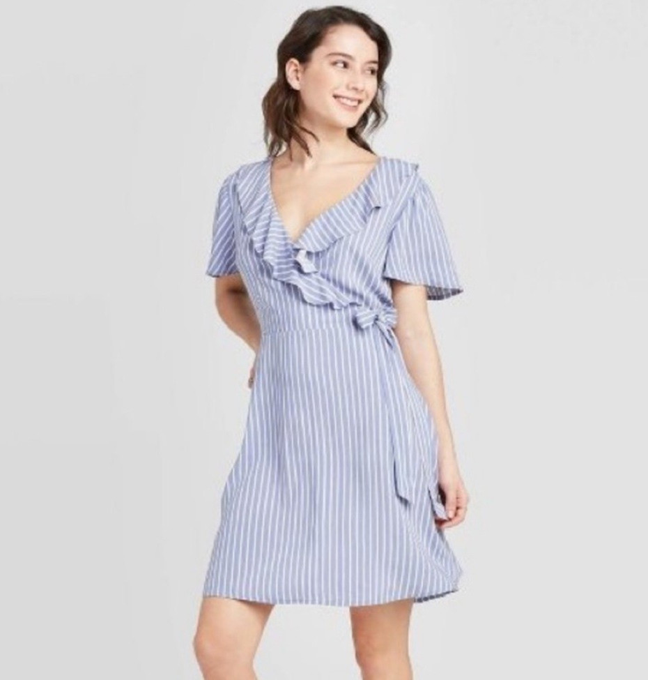 Xhilaration Womens Cute Ruffle Zip Blue White Striped Sun Dress Size XL