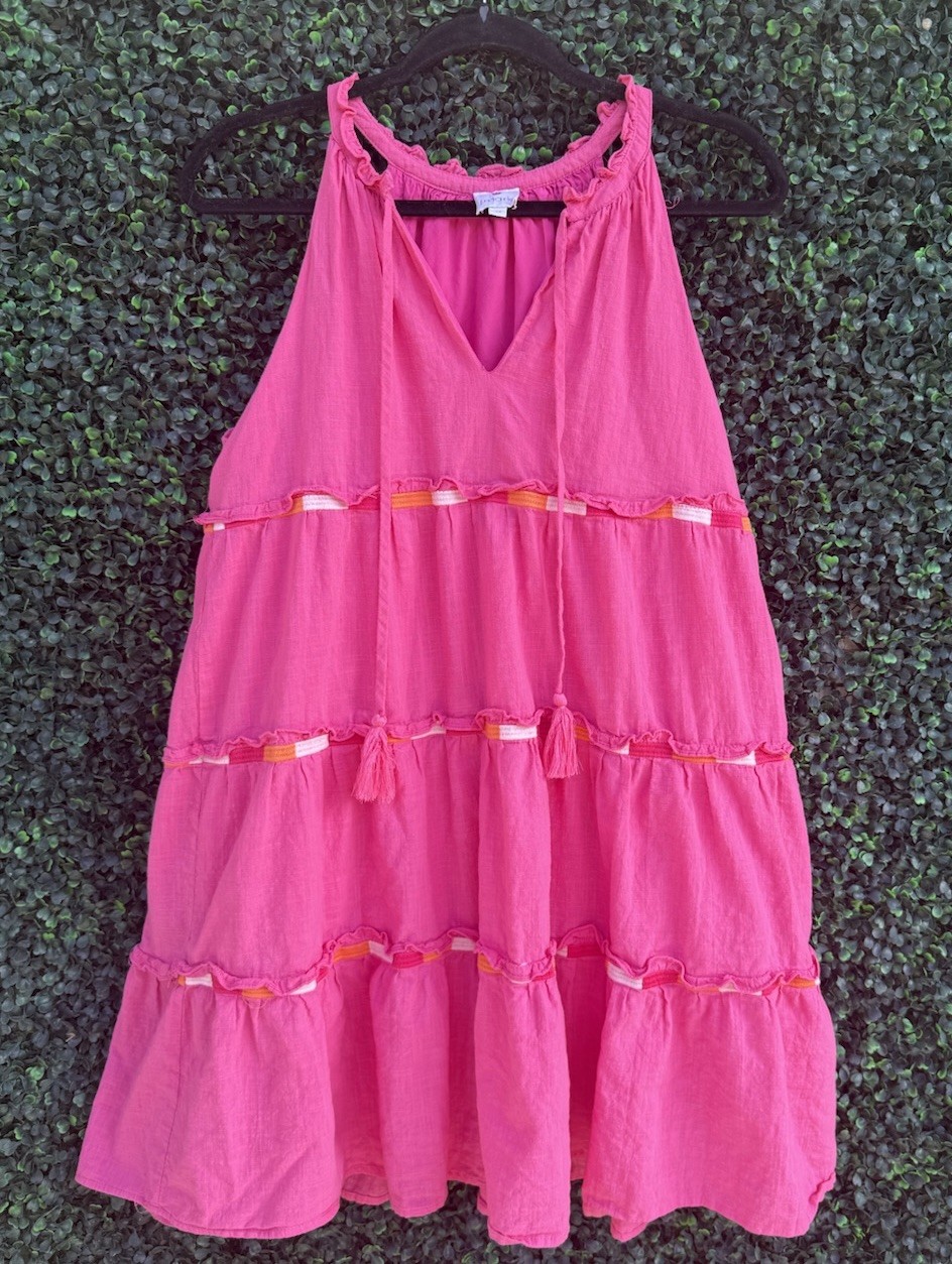 jmarie Pink Cotton Woven Babydoll Dress M Sleeveless V-Neck Ruffle Tassel