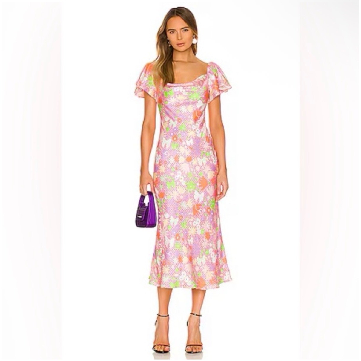 Olivia Rubin Amelia Midi Dress Pink Floral Polka Dot Silk Blend Size 6