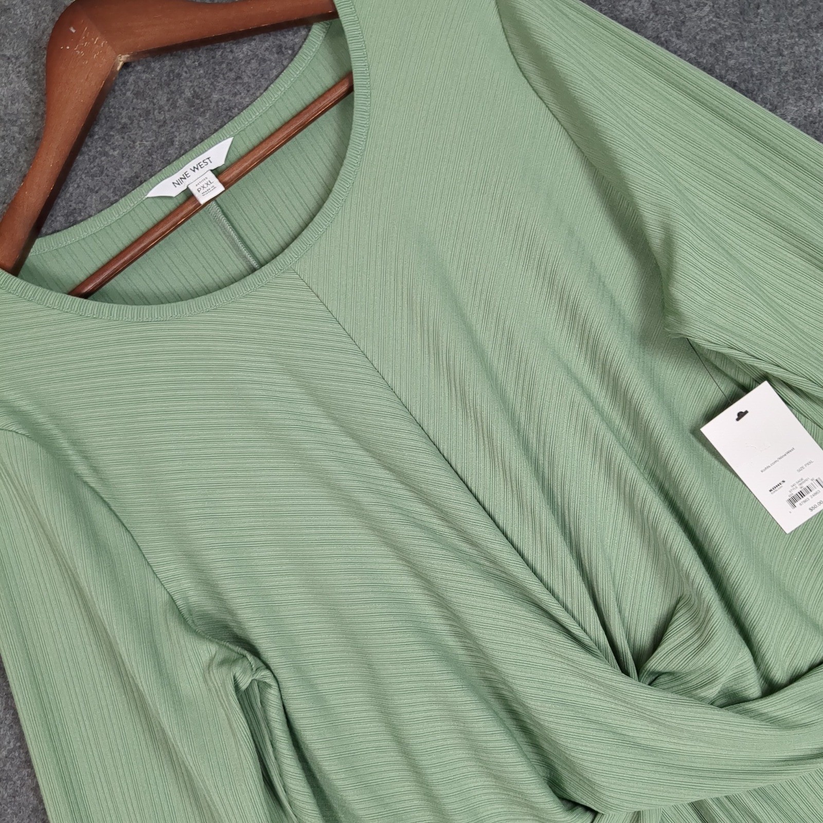 Nine West Sage Green Twist Front Ribbed Knit Long Sleeve Dress PXXL New