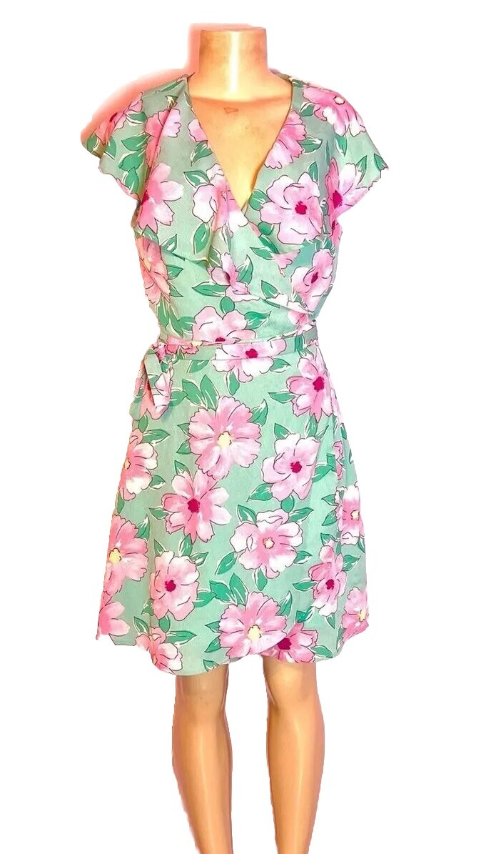 Gianni Bini Dress Size Small Green Pink Floral Ruffle Wrap Feminine Dainty Event