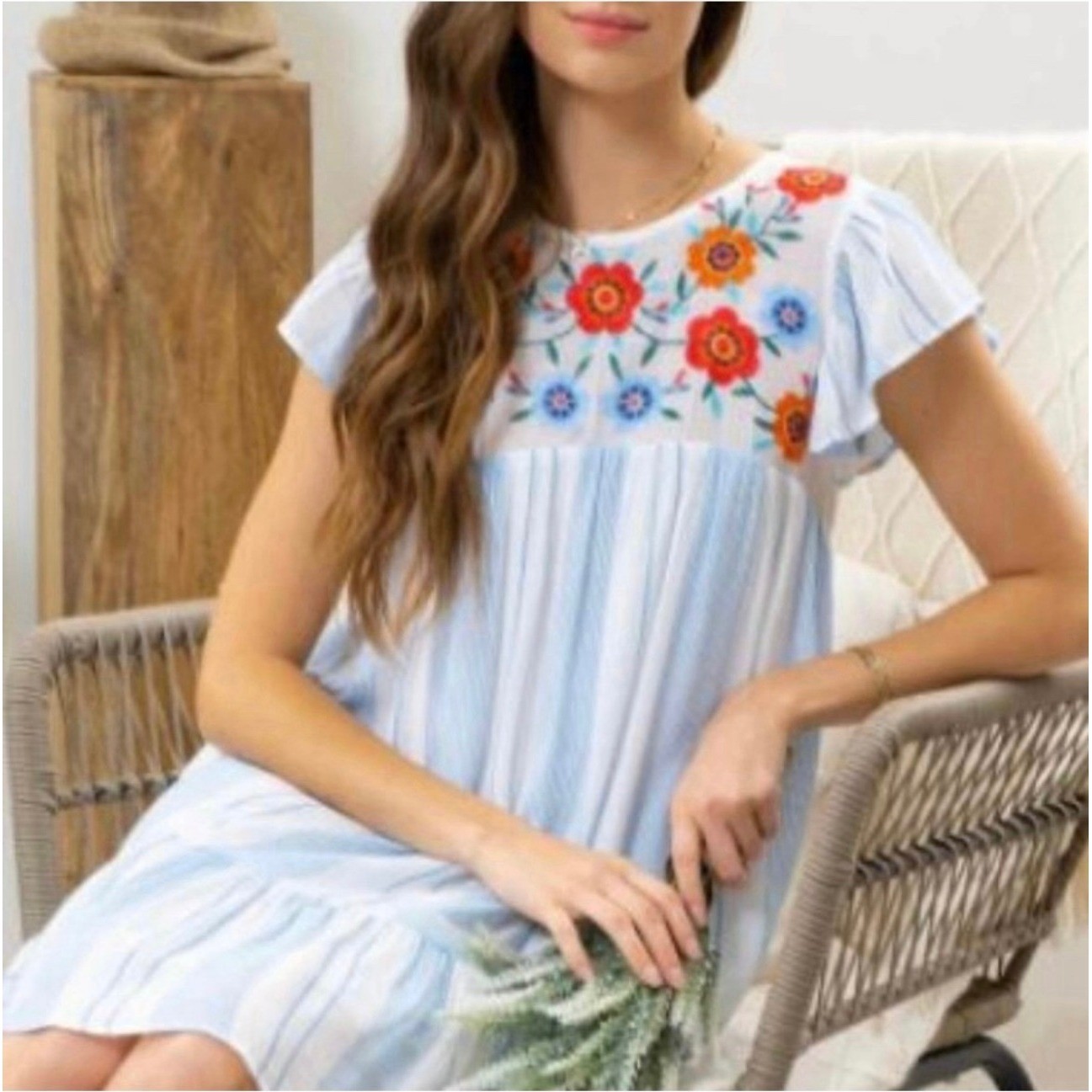 Perch by Blu Pepper Embroidered Striped Tiered Ruffle Sleeve Dress 3XL