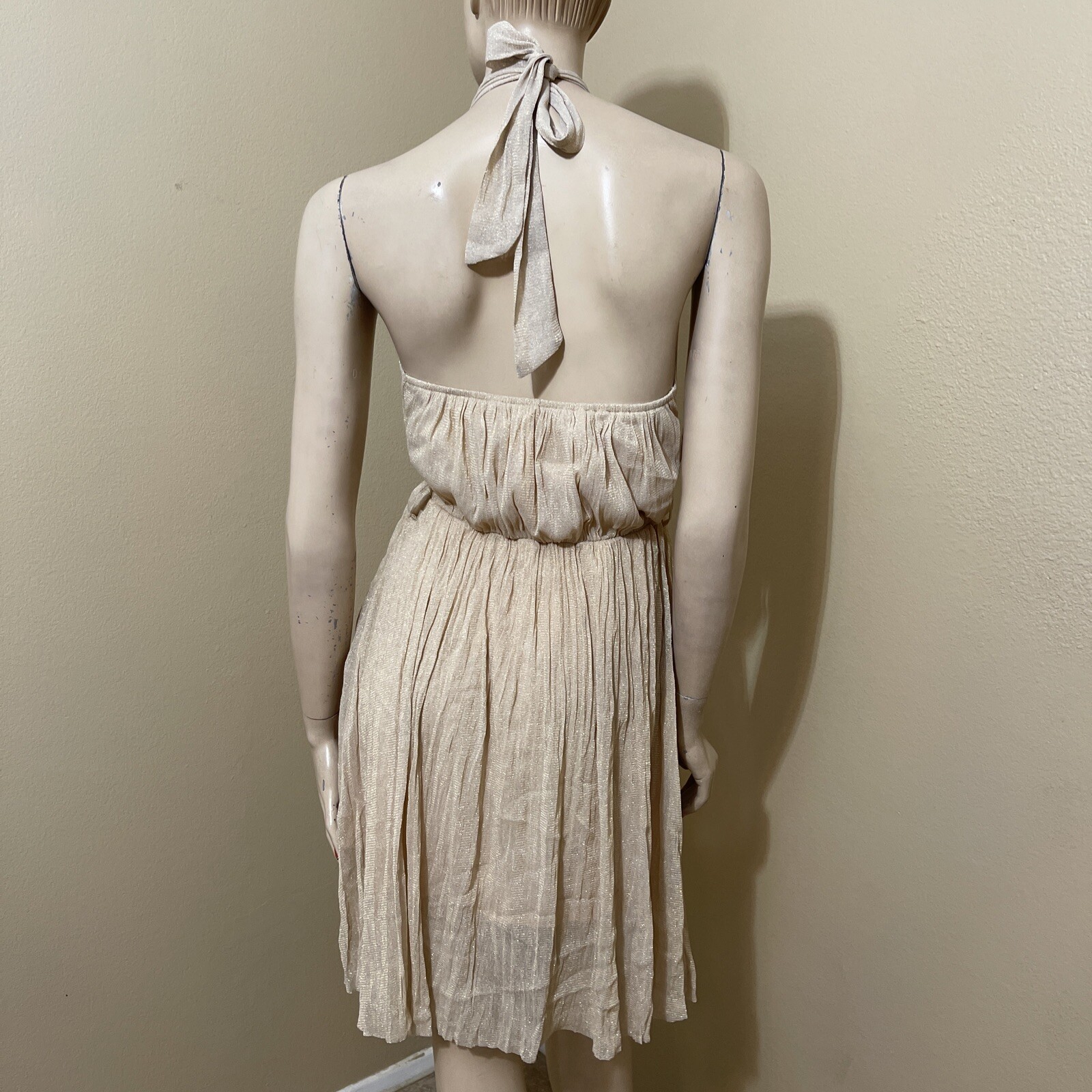 Women’s Beige Polyester Cocktail Layered Pleated Open On Tie Midi Size S Dress