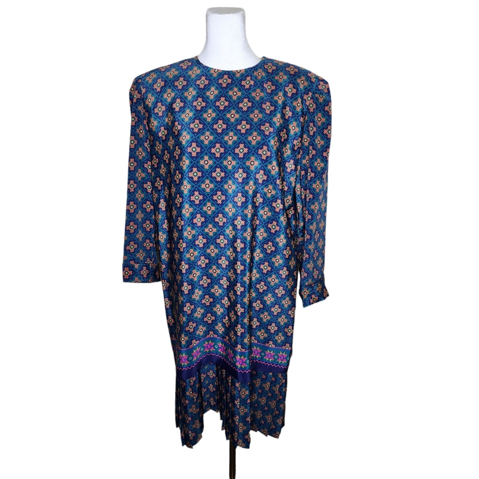 Vintage 80s Drop Waist Pleated Dress Fleur de Lis Womens 10 Green Blue