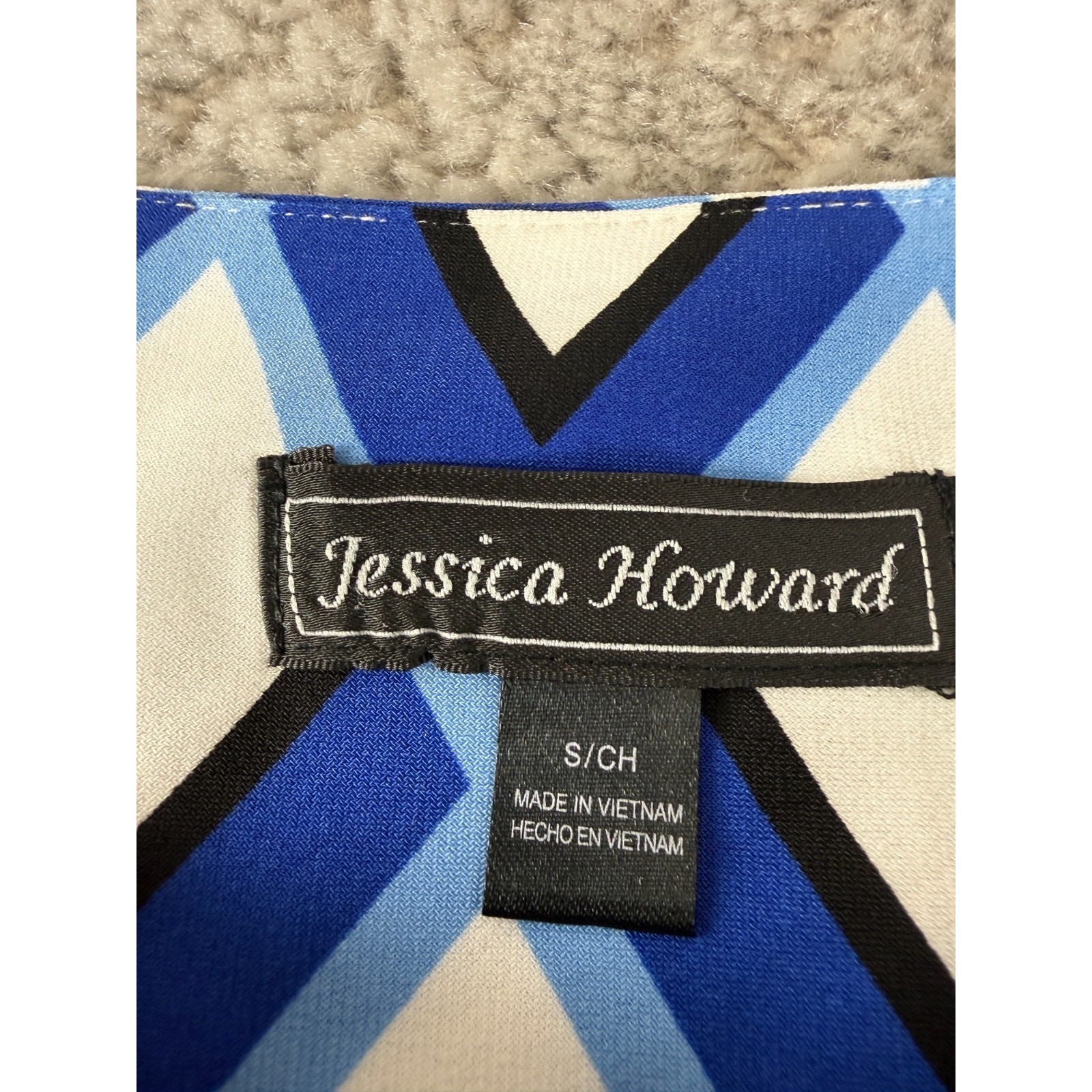 Jessica Howard Sz S Geometric Shift Mini Dress Blue cap Sleeve Pullover Stretch
