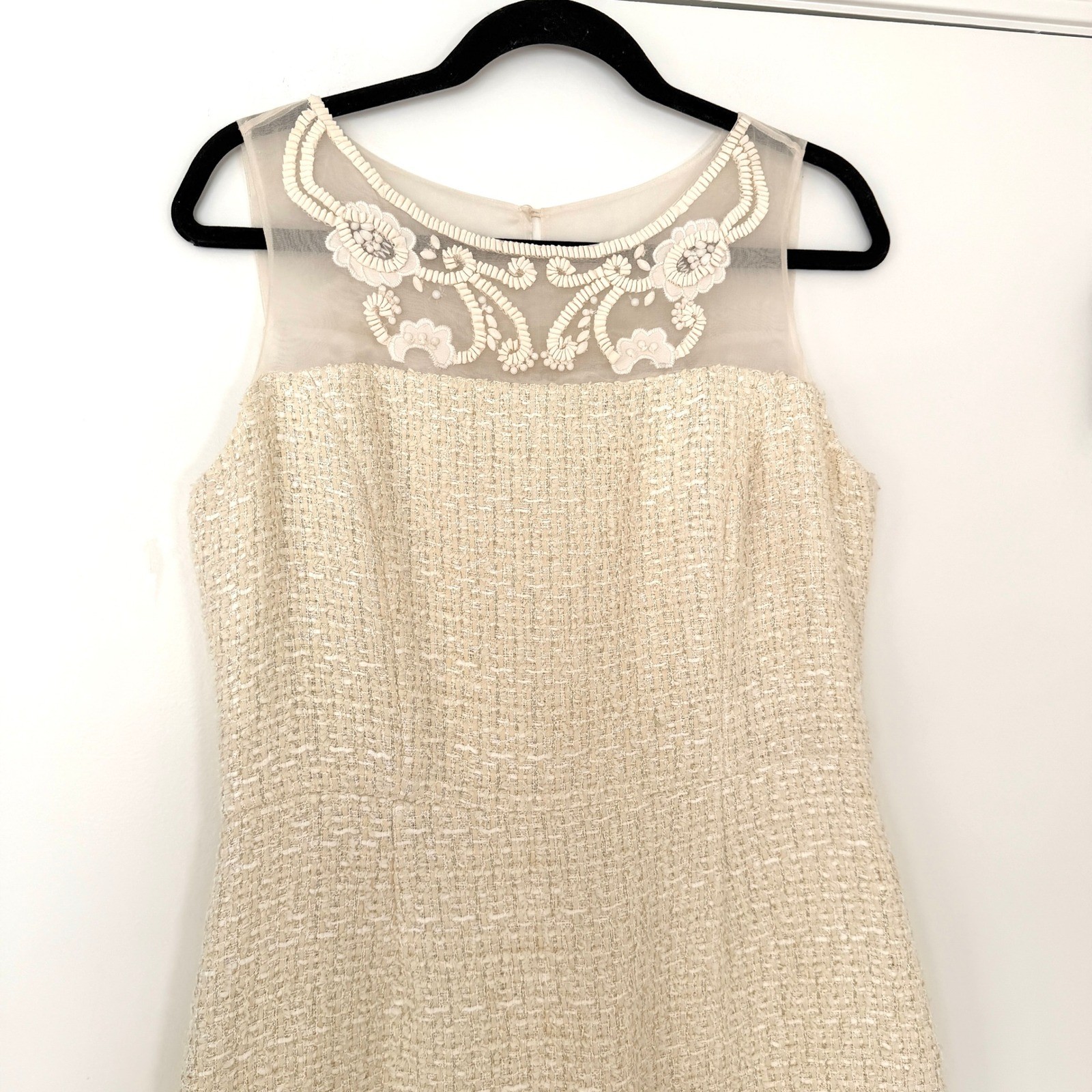 Brooks Brothers Womens Cream Metallic Tweed Embroidered Silk Yoke Dress 10 Ivory