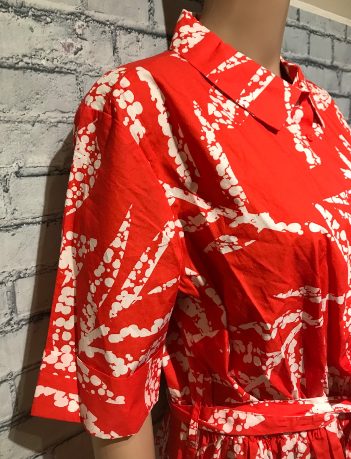 NWT$129, DKNY, 14, Orange/White 100% Cotton Leaf Print 1/2 Sleeves Long Dress