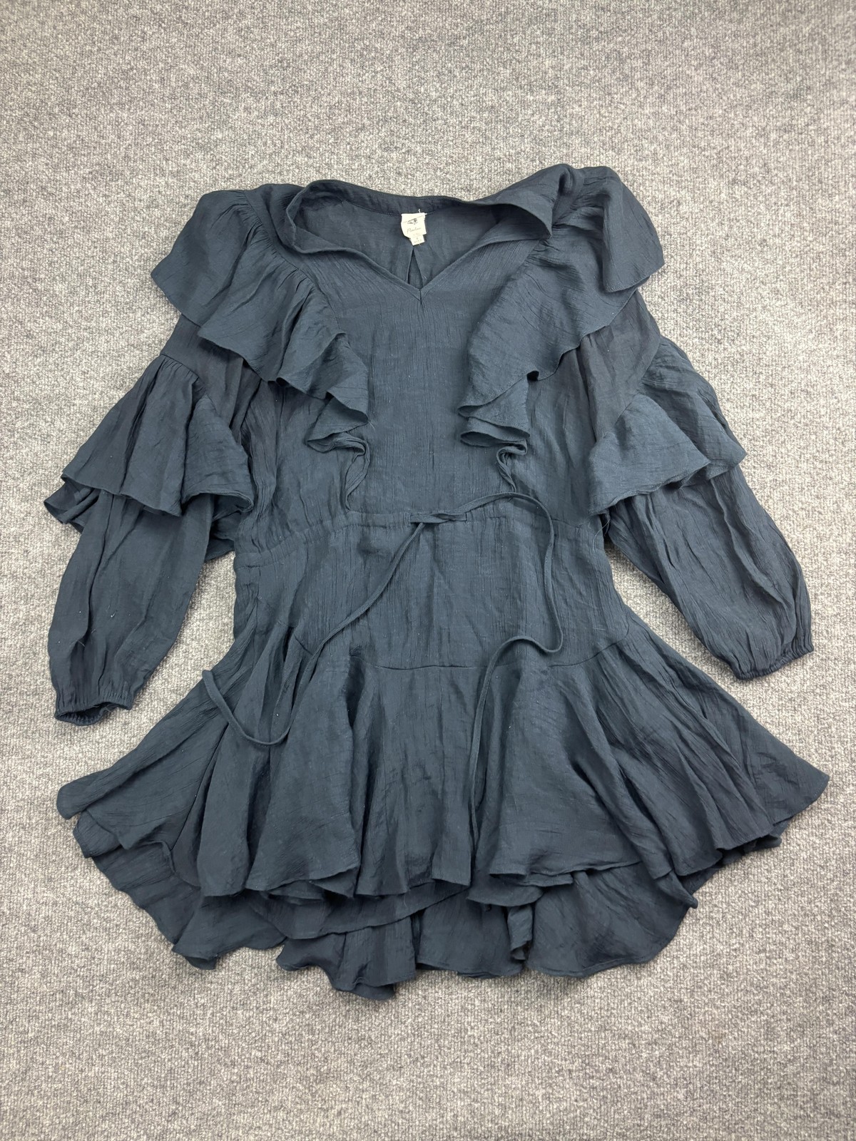 Flawless Dress Womens Small Charcoal Gray Ruffle Long Sleeve V Neck Tie Waist