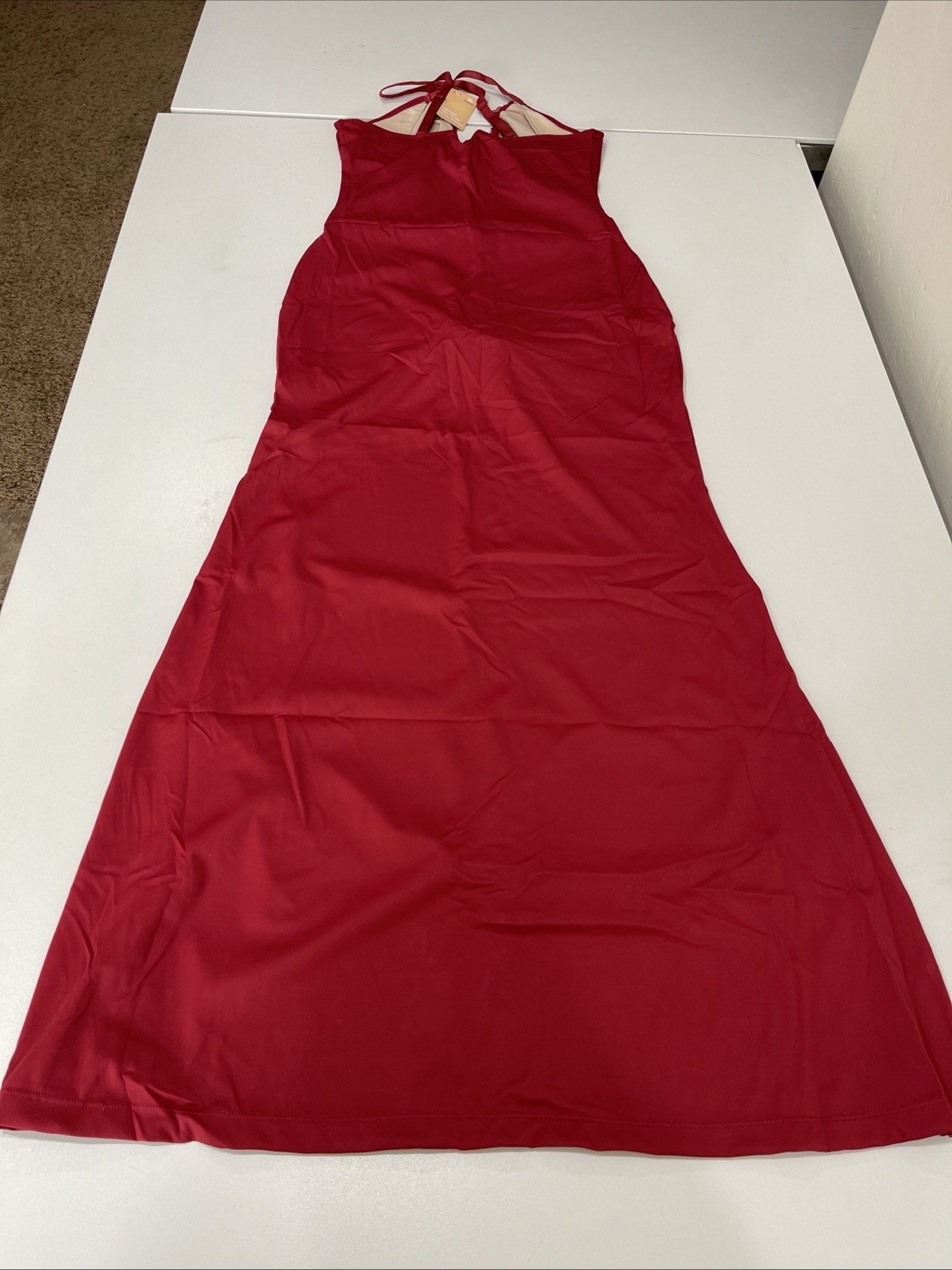 Popilush Shapewear Lace V Neck Side Slit Slimming Maxi Slip Dress Red M