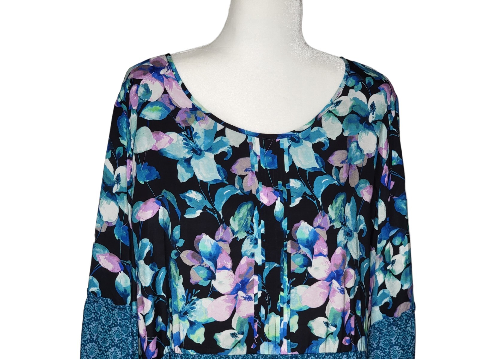 Soft Surroundings 2XL Night Bloom Dress Floral Blue Long Sleeve 5DY50 EUC