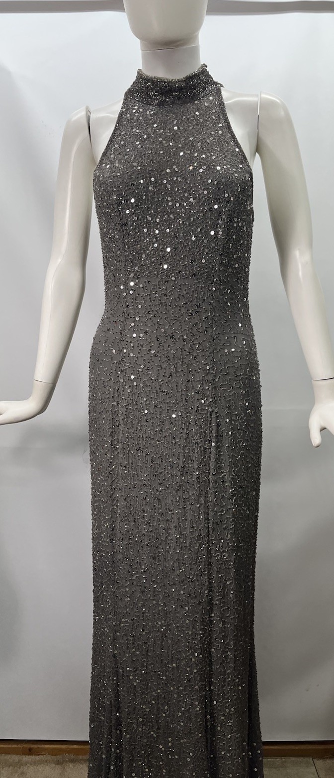 Creative Creations Beaded Silk Gown Dress Gray Sleeveless Long Sz Like S Heavy