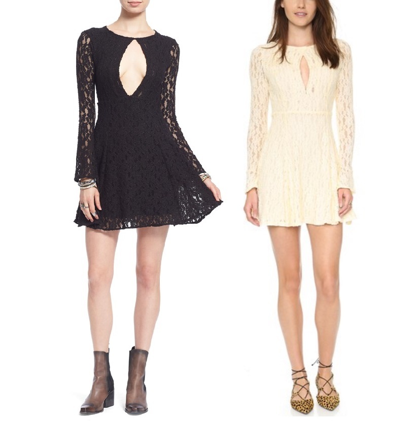 New Free People Cut Out See-Through Lace Teen Witch Mini Dress Black Shearling