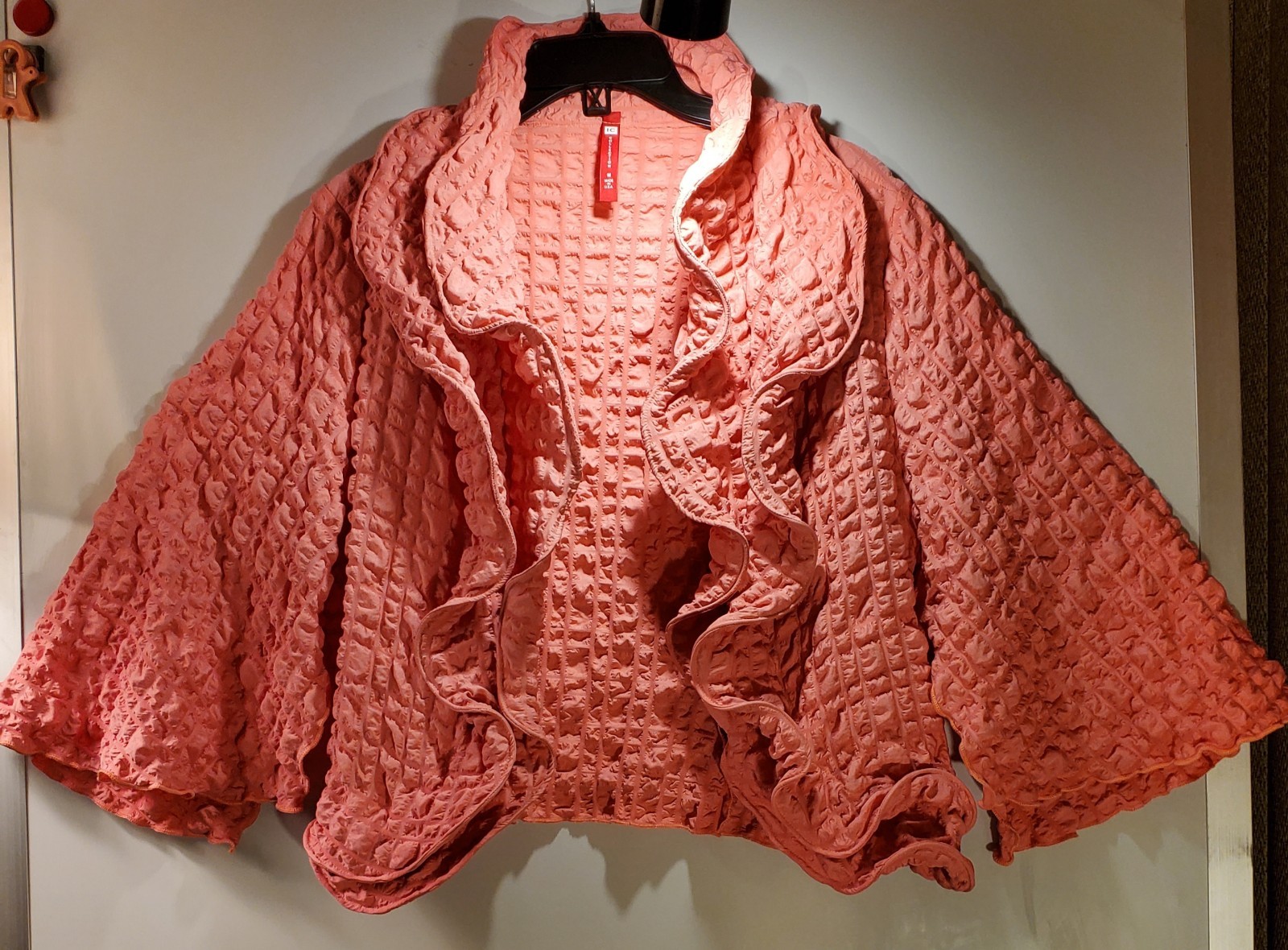 IC Collection Coral Bubble Check Dress & Ruffle Open Jacket Set M