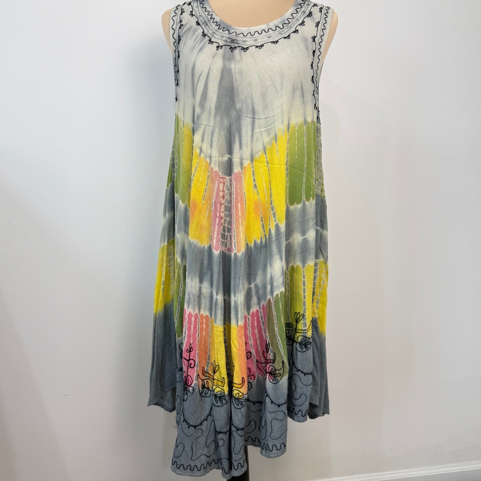 Jessica Taylor Tie Dye Embroidered Tank Dress Free Size Boho Hippie Flowy