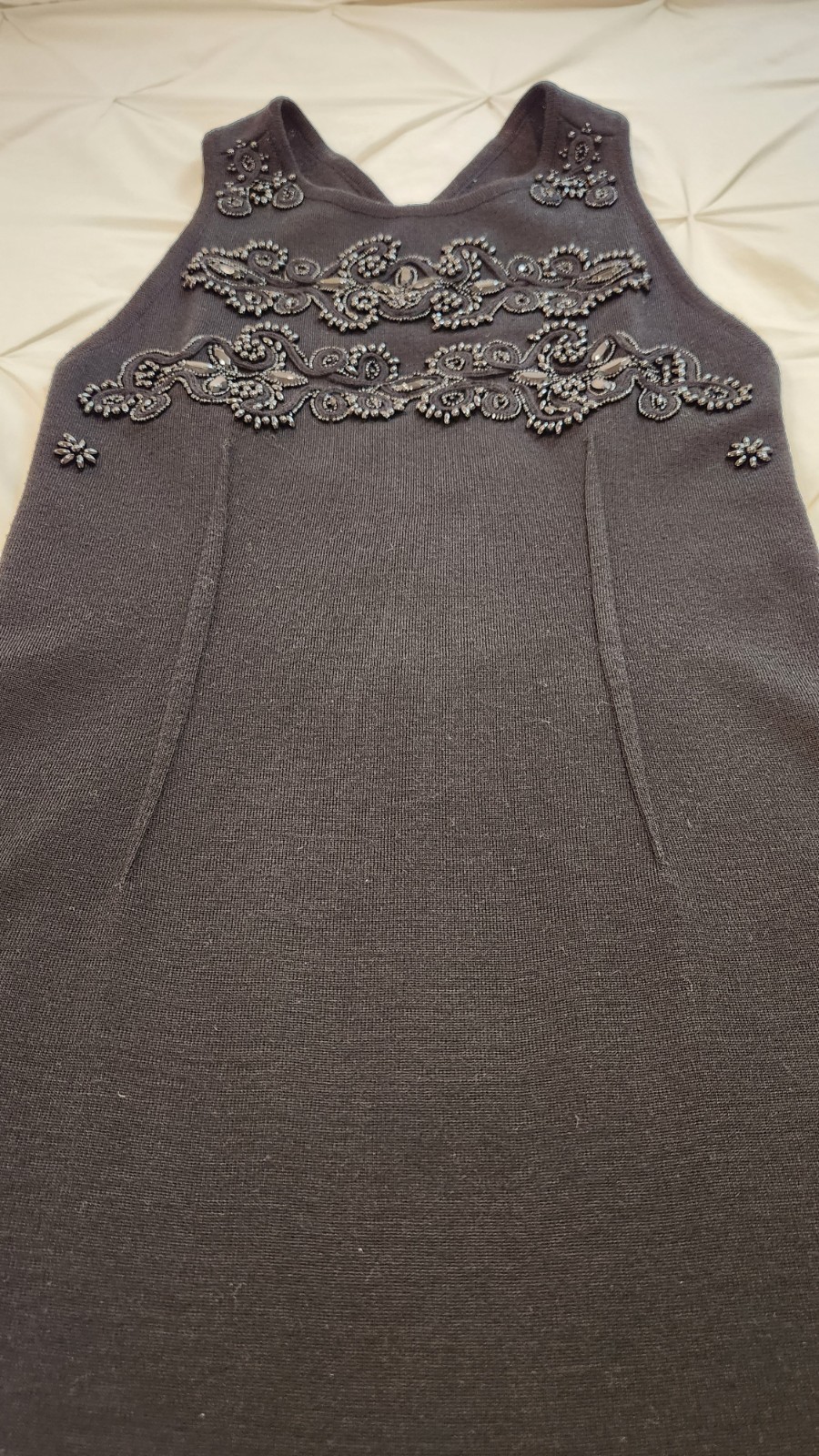 VTG 90s Carole Little Black Beaded Bodycon Wool Blend Dress Criss Cross Back (P)