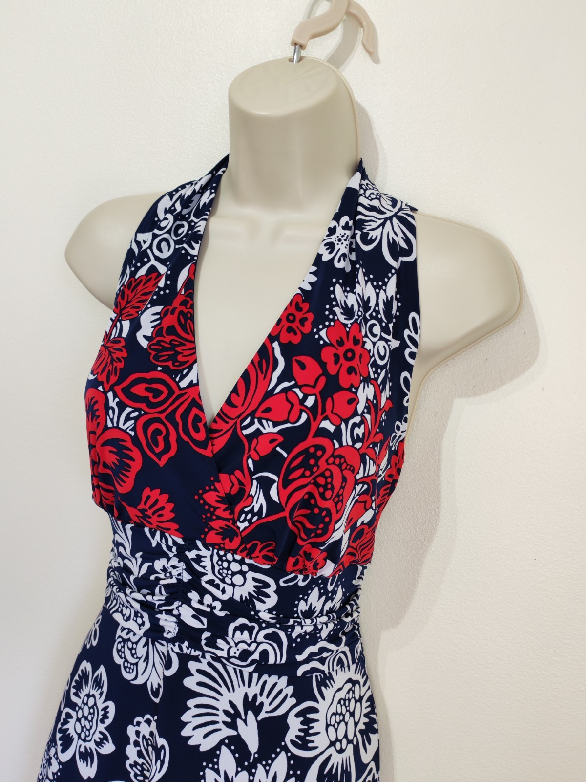 Precis navy blue red floral print slinky long maxi dress L 14 summer holiday