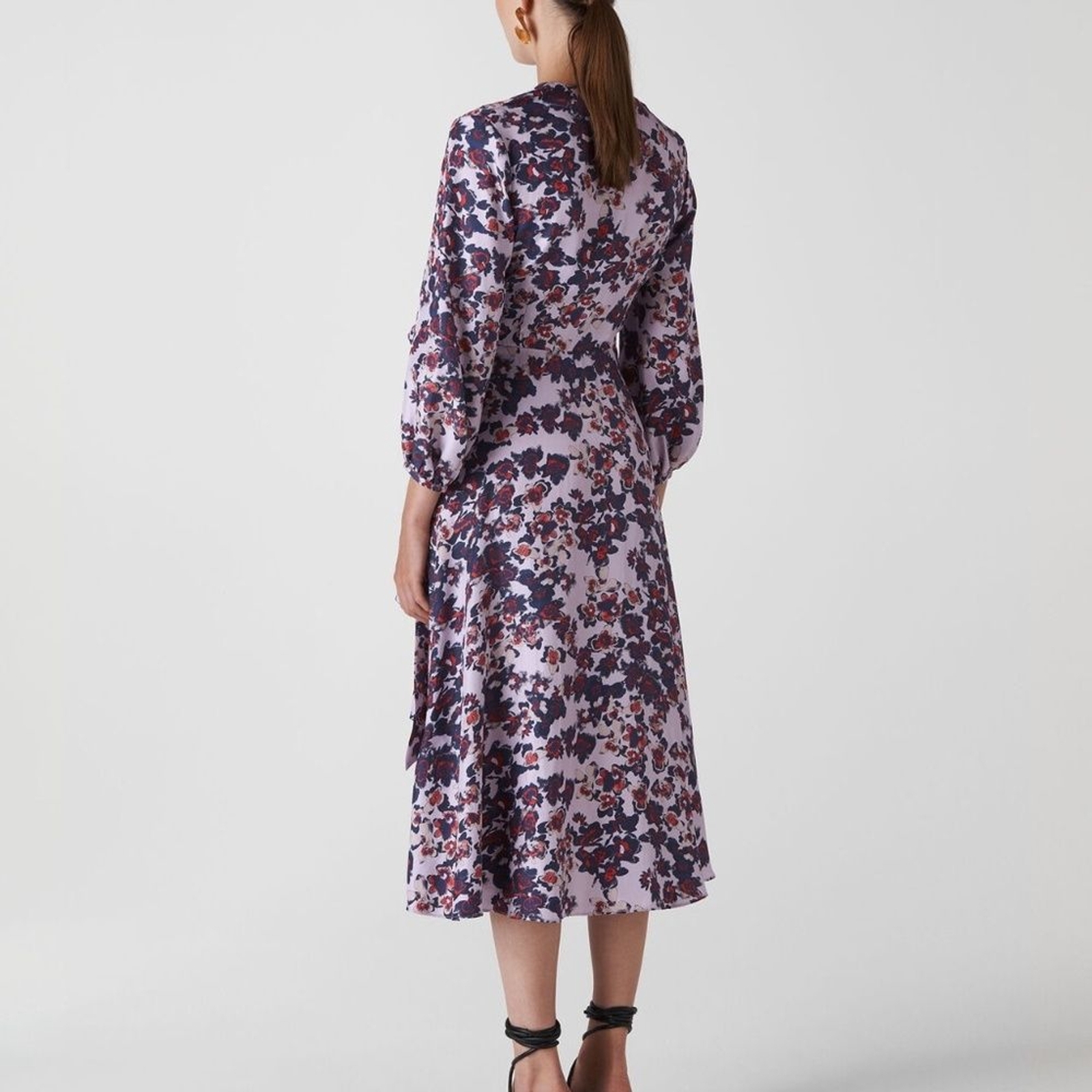 Whistles Silk Floral Print Midi Wrap V-Neck Dress 8 Purple Red Bracelet Sleeve