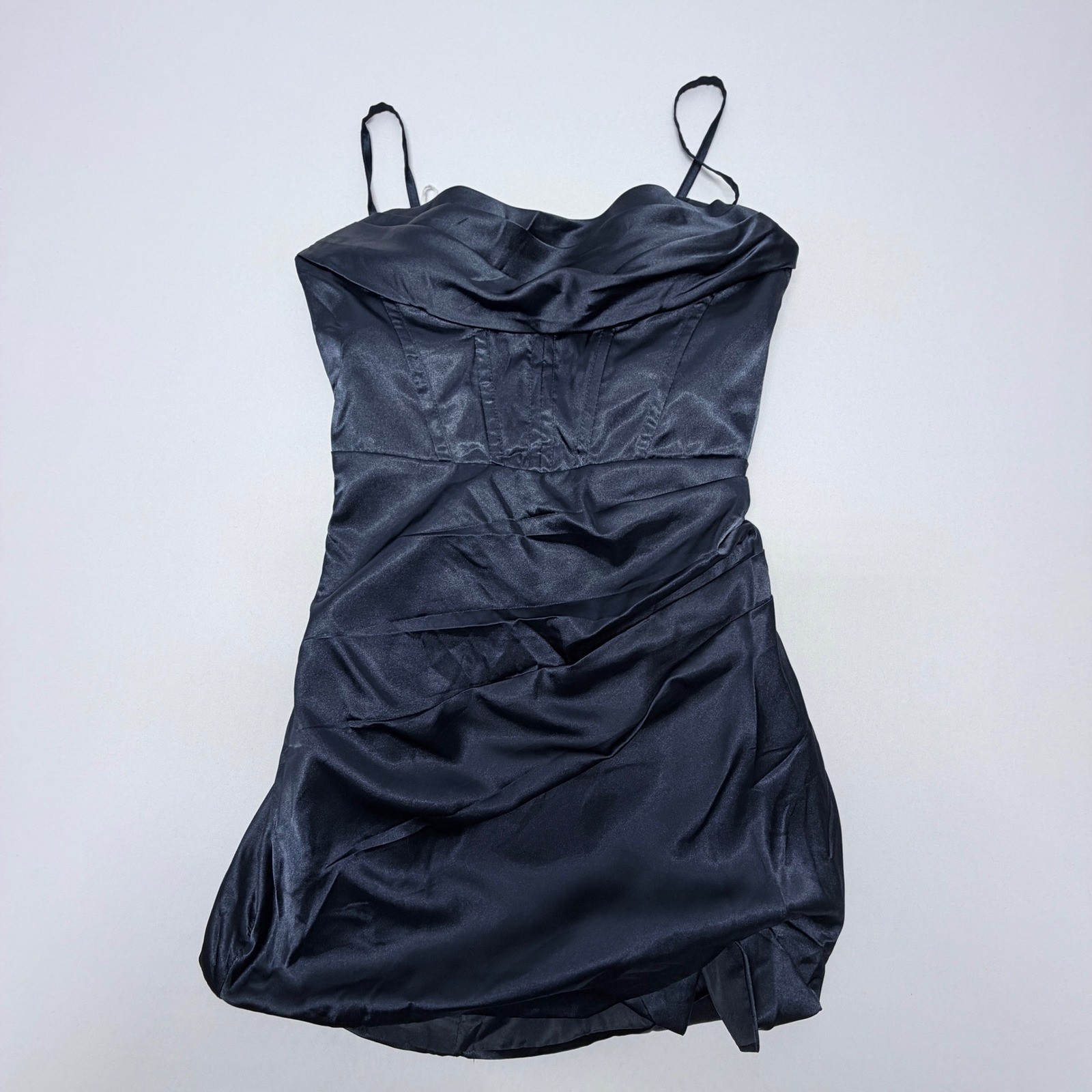 Navy Blue Satin Corset Mini Dress Cowl Neck Ruched Bubble Hem Lace Up Back
