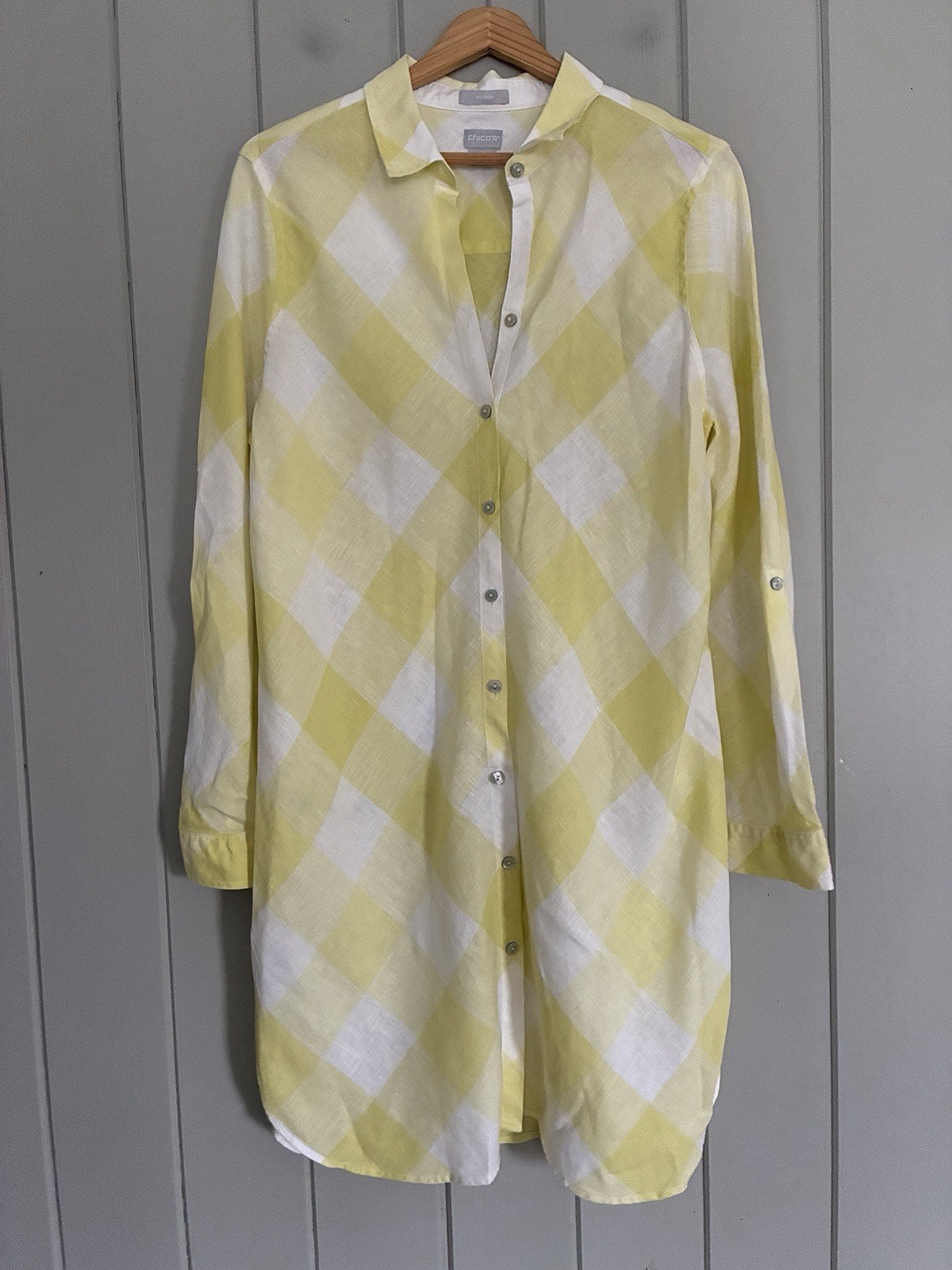 Chico’s Dress 12 Yellow White 100% Linen Roll Tab Sleeve Dress Non-Iron