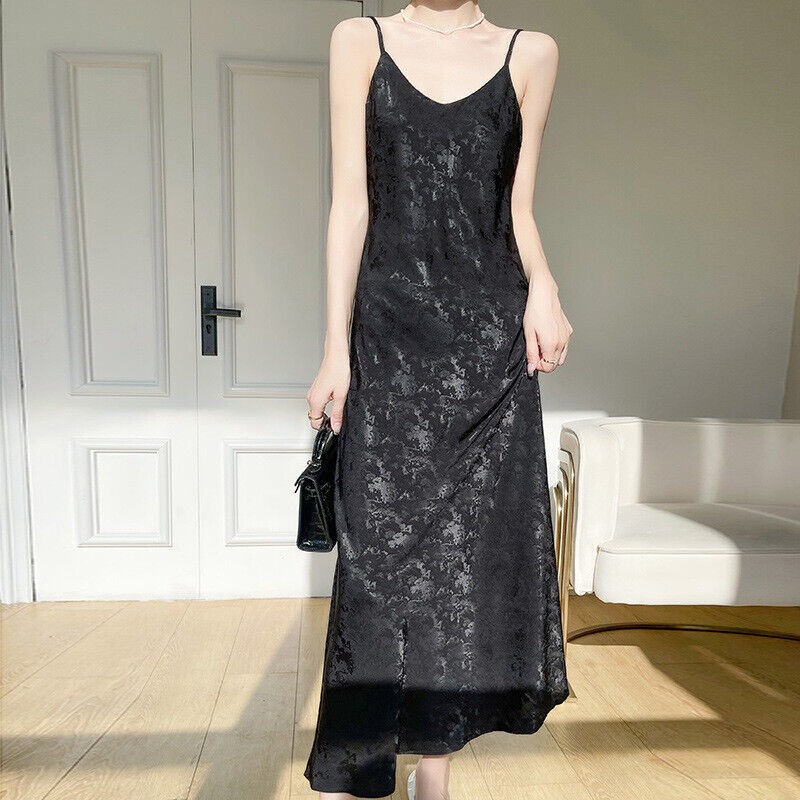 Chinese Style Womens Dress Satin Jacquard Camisole Slim Dress A-Line Ball Gown