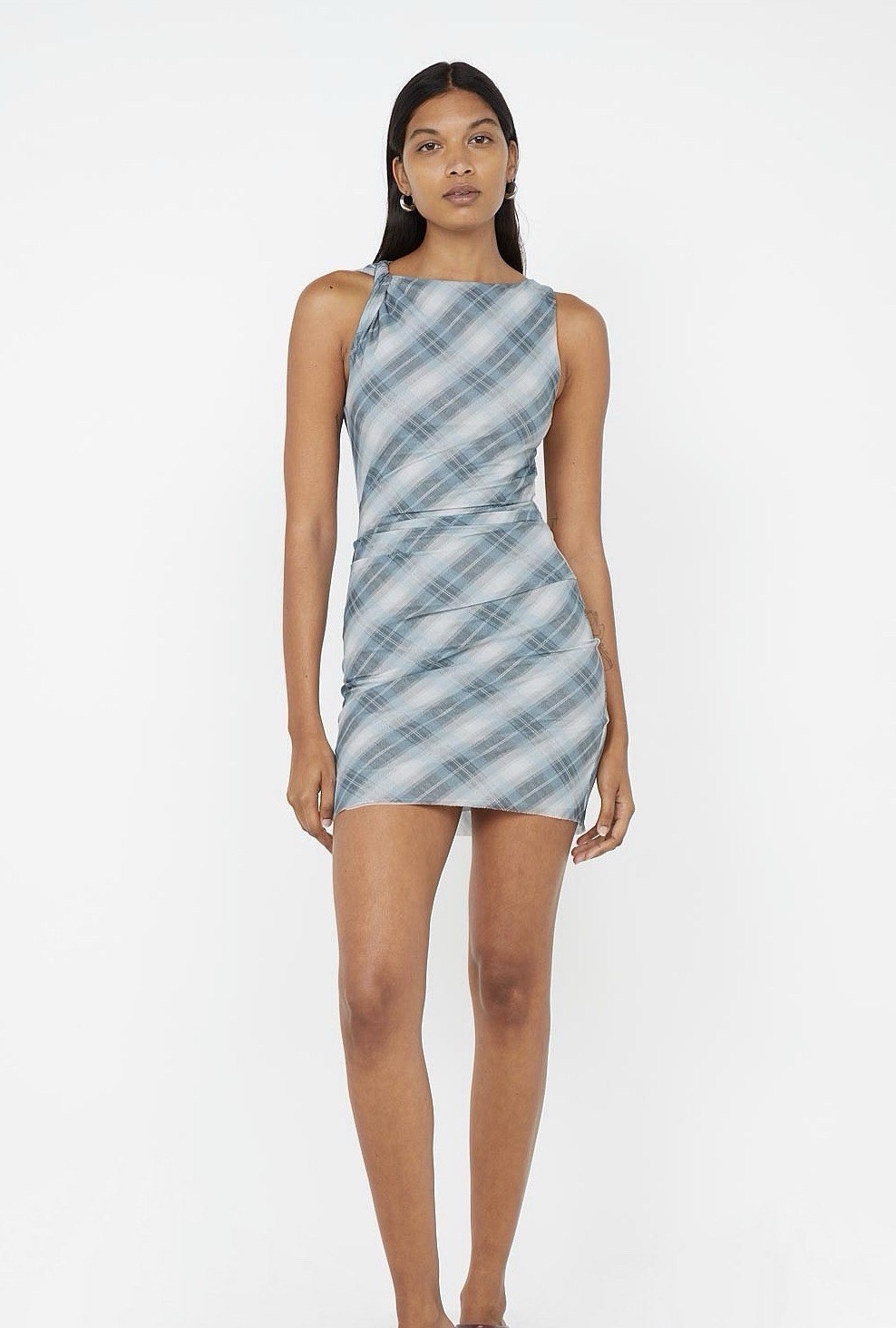 BEC+BRIDGE Blue/Gray/White Plaid Bodycon Dress 4 Sleeveless Scoop Neck Short