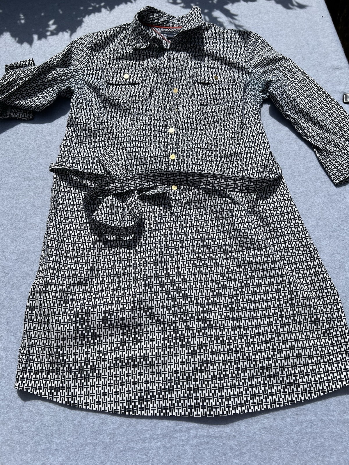 Tommy Hilfiger Geometric Cotton Shirt Dress Belted Pockets L/G Knee Length