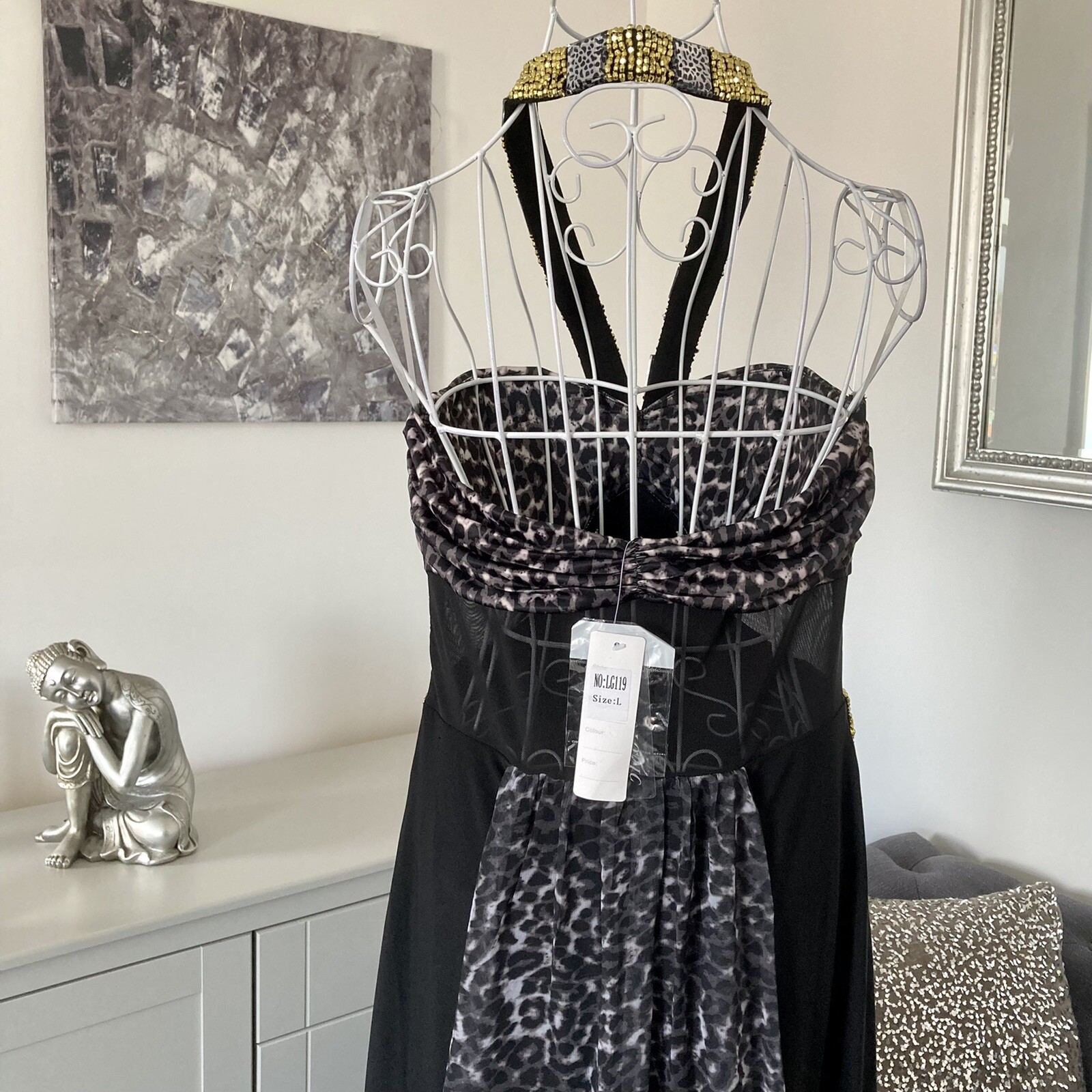 Grey Black Leopard Print Halter Prom Ball Cocktail Occasion Maxi Dress S 8-10