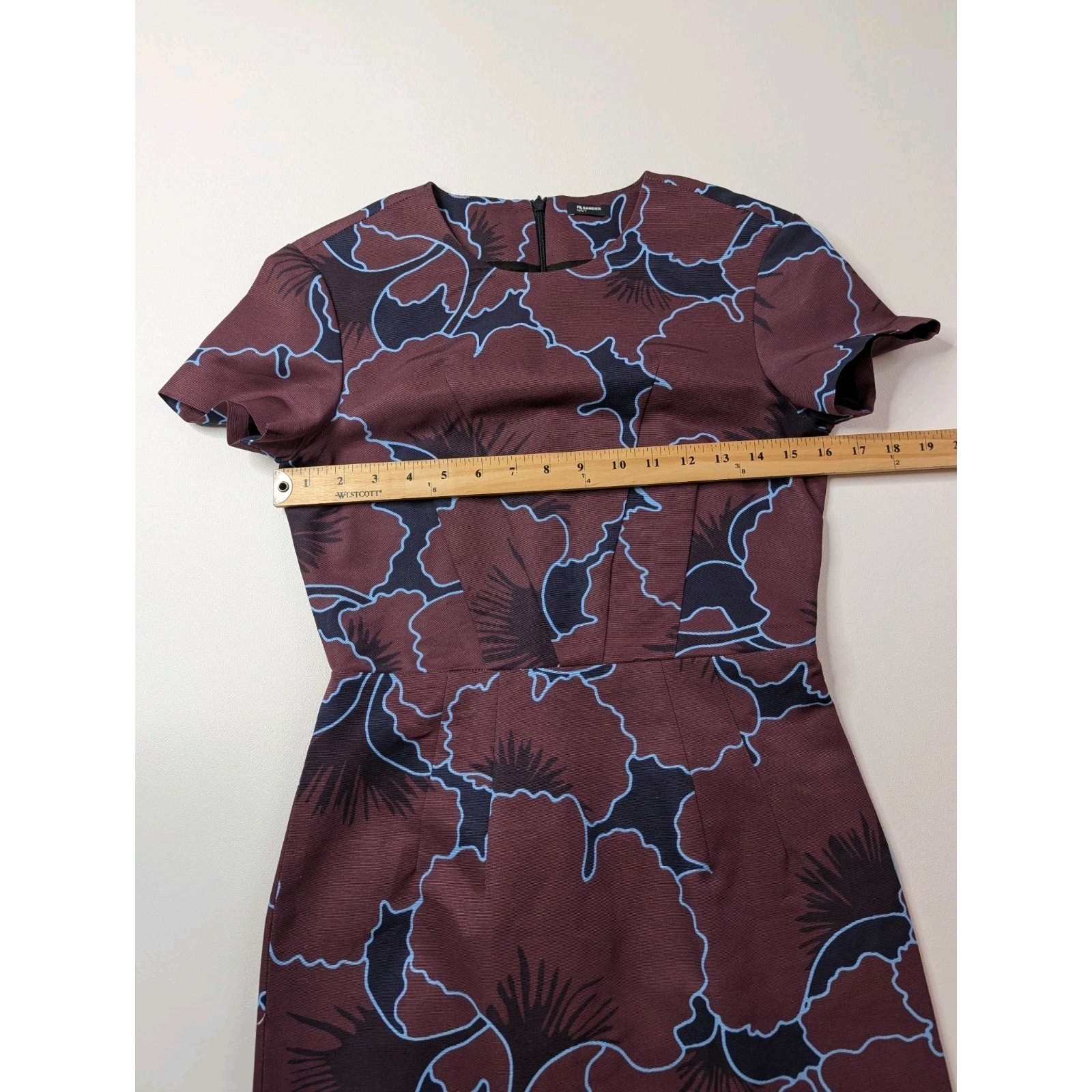 Jil Sander Navy Abstract Print Sheath Dress 34 XS Burgundy Blue Made in Italy