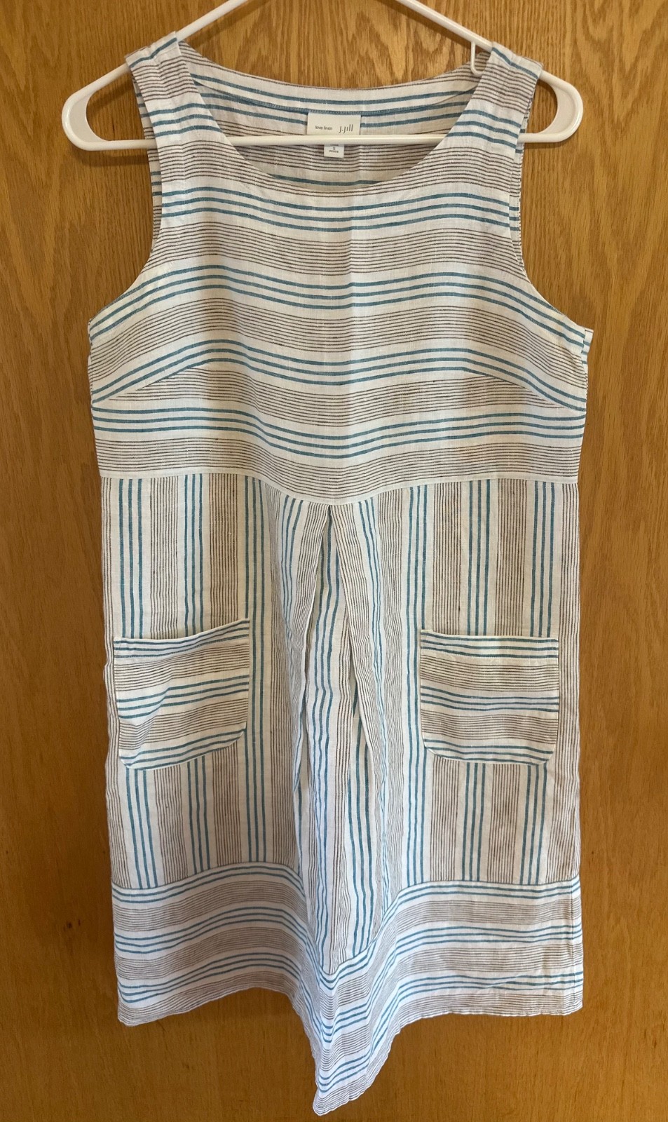 Ladies J.Jill sleeveless linen dress, pockets, SP, white, beige, blue stripes~