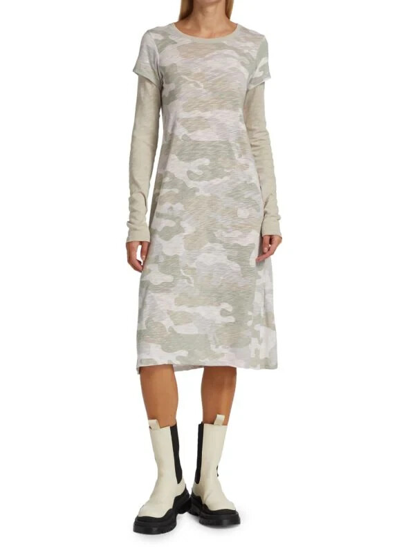 New ATM Anthony Thomas Melillo Slub-Knit Layered Midi Dress in Camo Medium