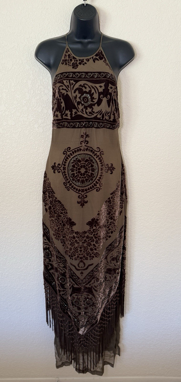 Sue Wong Vintage Velvet Burnout Beaded Fringe Halter Maxi Dress Sz 10 Brown Prom