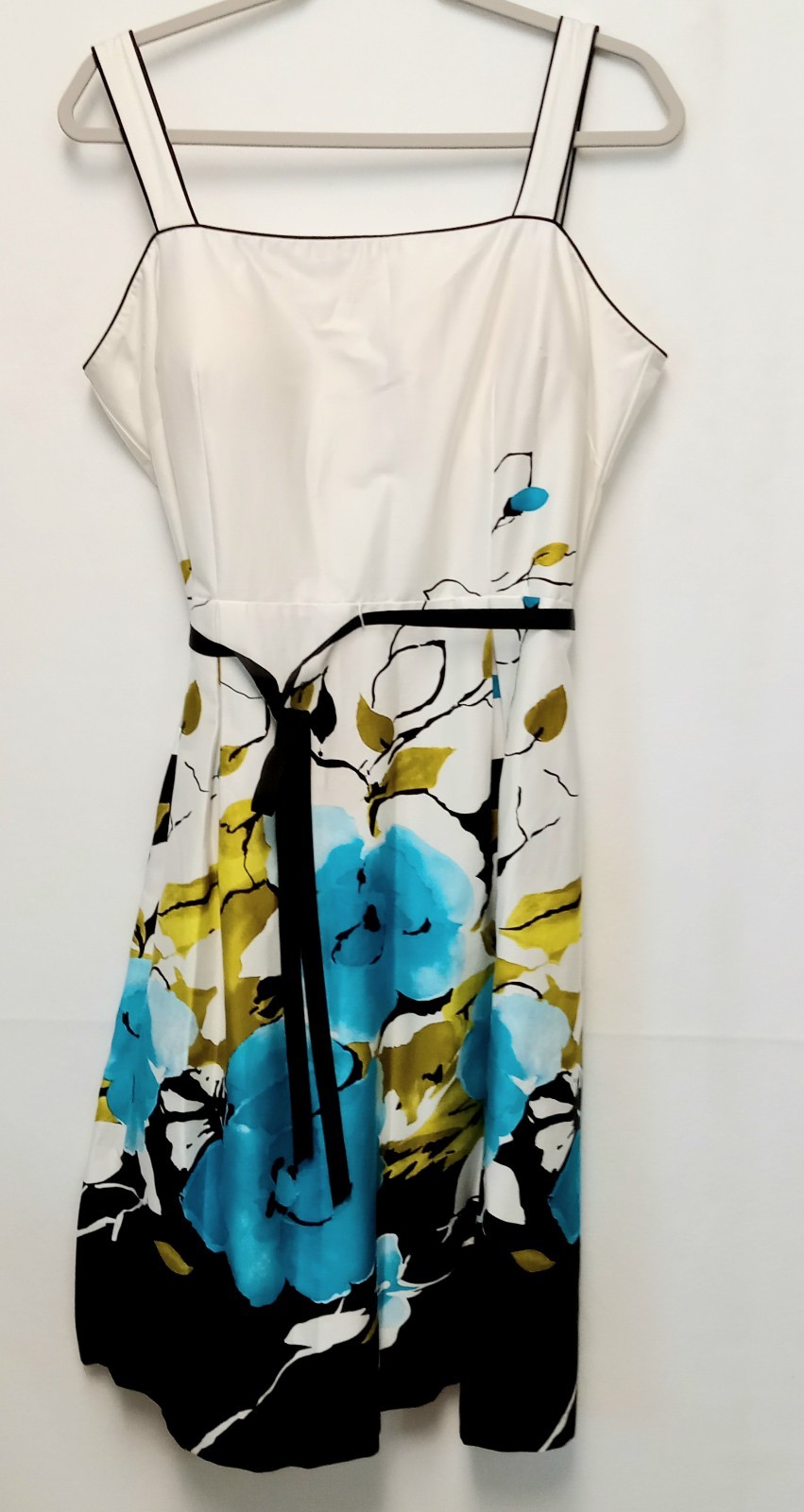 R&K Originals Sundress Sz 16 White Blue Floral Flared Zip Back hook eye Vintage
