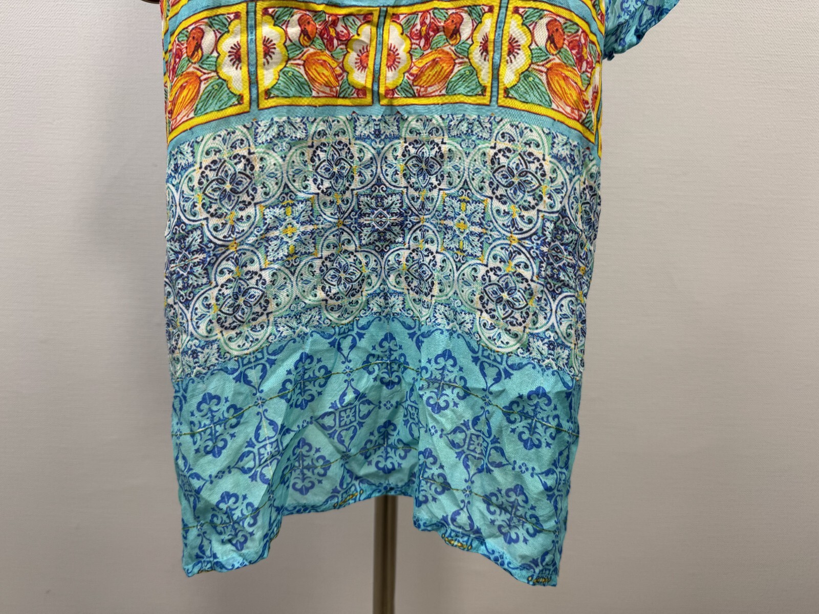 RUBY YAYA Multicolor Print Beaded Comfort Lightweight V-Neck Dress Sz S