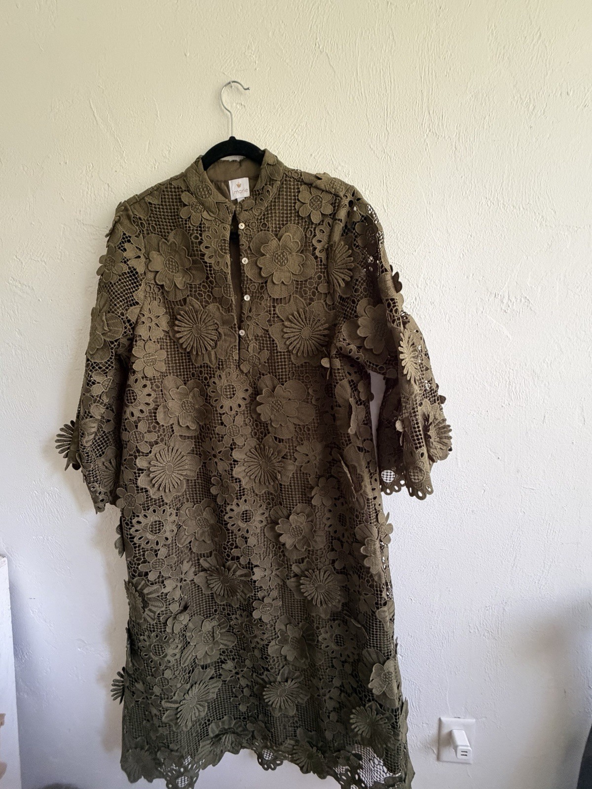 J. Marie Collections Seraphina 3D Floral Lace Dress Olive Green Mini Midi Small