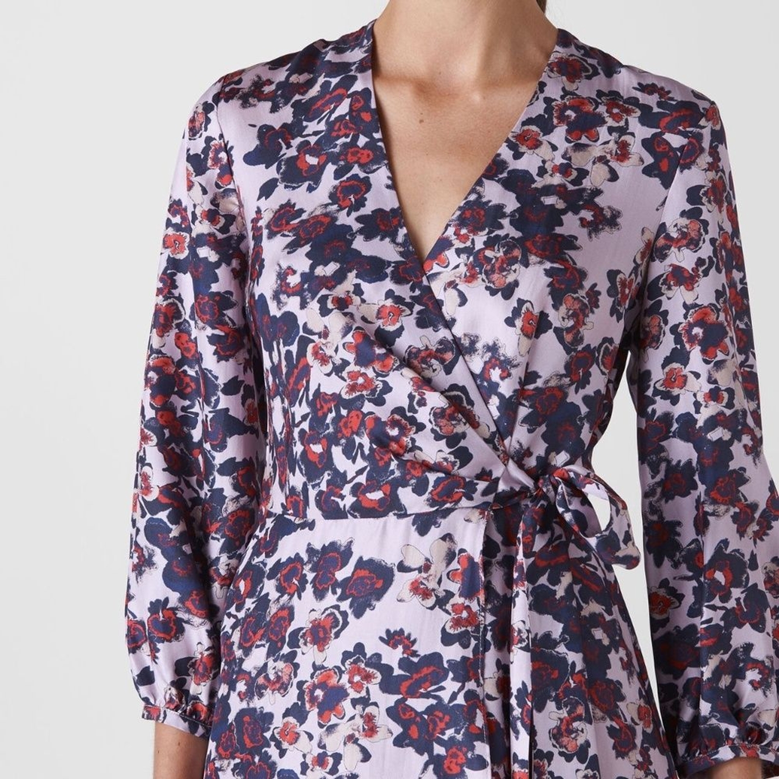Whistles Silk Floral Print Midi Wrap V-Neck Dress 8 Purple Red Bracelet Sleeve