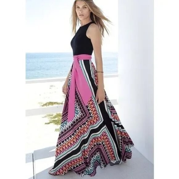 Eliza J Black Multicolor Scarf Print Jersey Sleeveless A-Line Flowy Maxi Dress 2