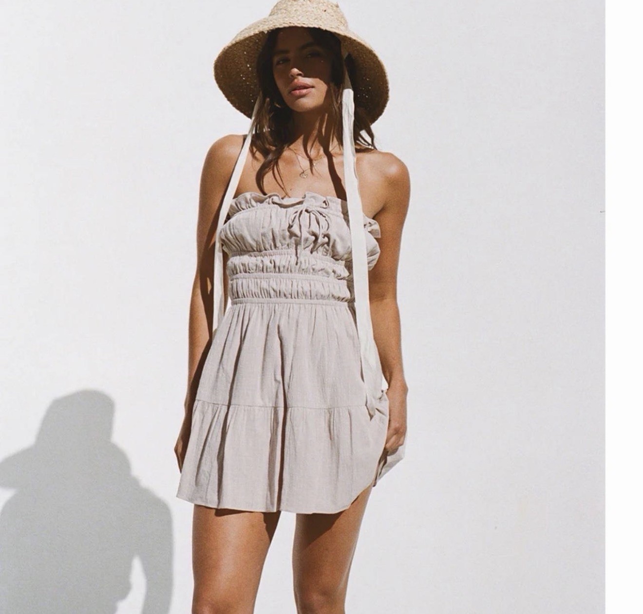 SABO Beige Strapless Smocked Ruffle Lined Woven Mini Dress S