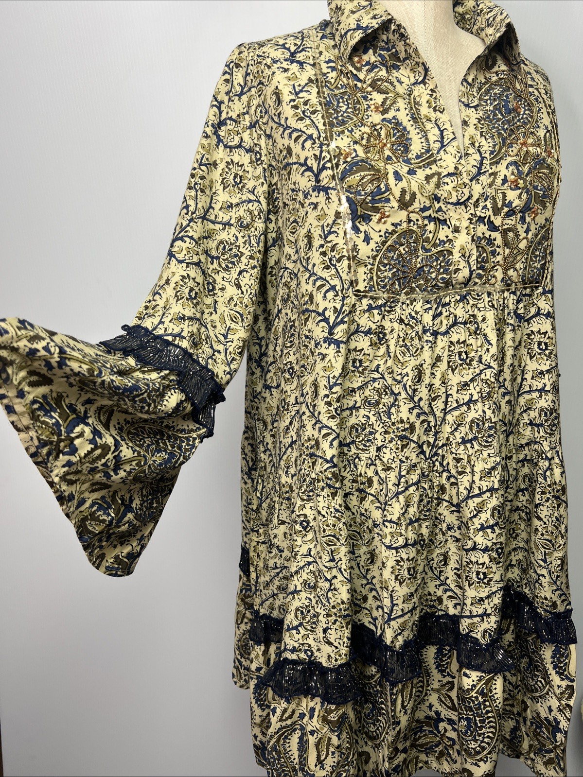 Miss June Paris Luxe Boho Paisley Embellished Bell Sleeve Tunic Dress L