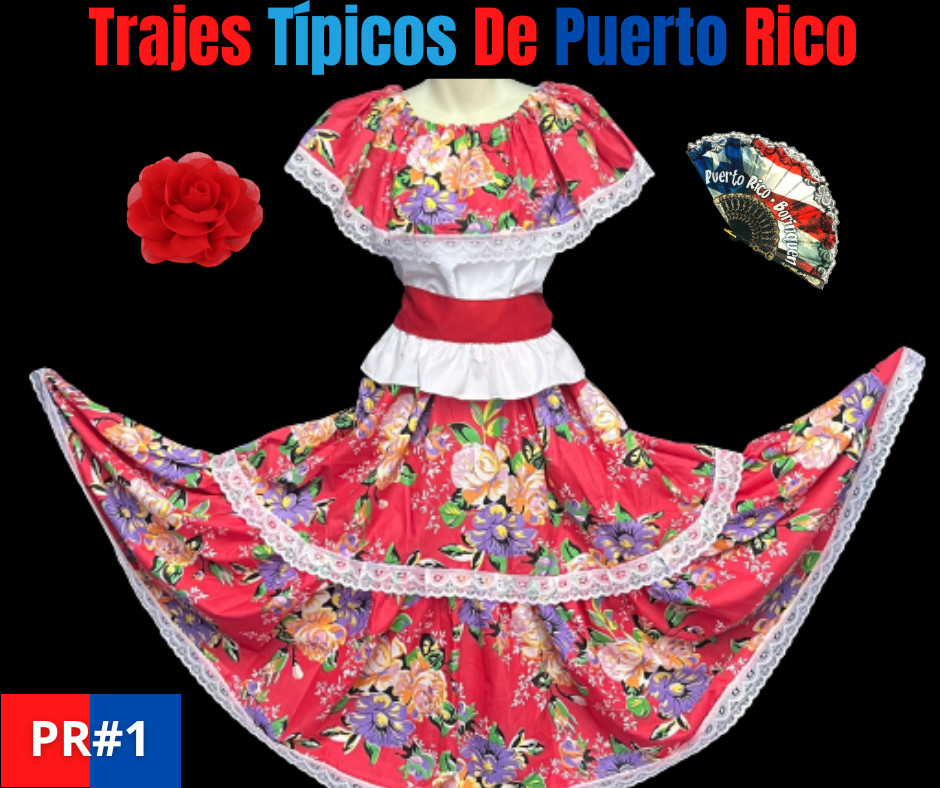 TRAJES TIPICOS FLOREADO DE PUERTO RICO, JIBARA PLENA PUERTORRIQUEÑA 3PC PR#1.