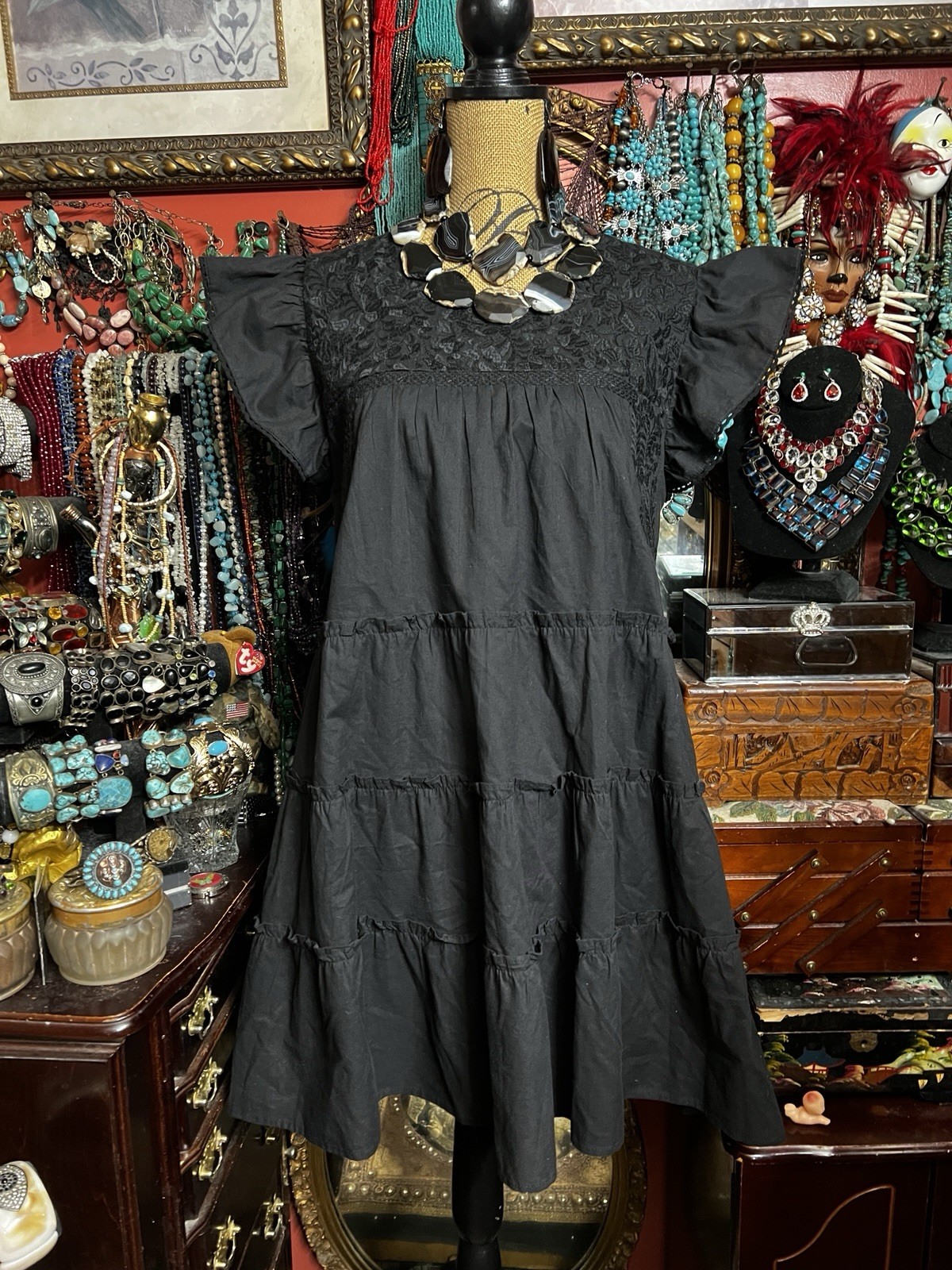 Beautiful Oaxaca Mexico Ruffle Dress In Black With Black Embroidery & Crochet ML