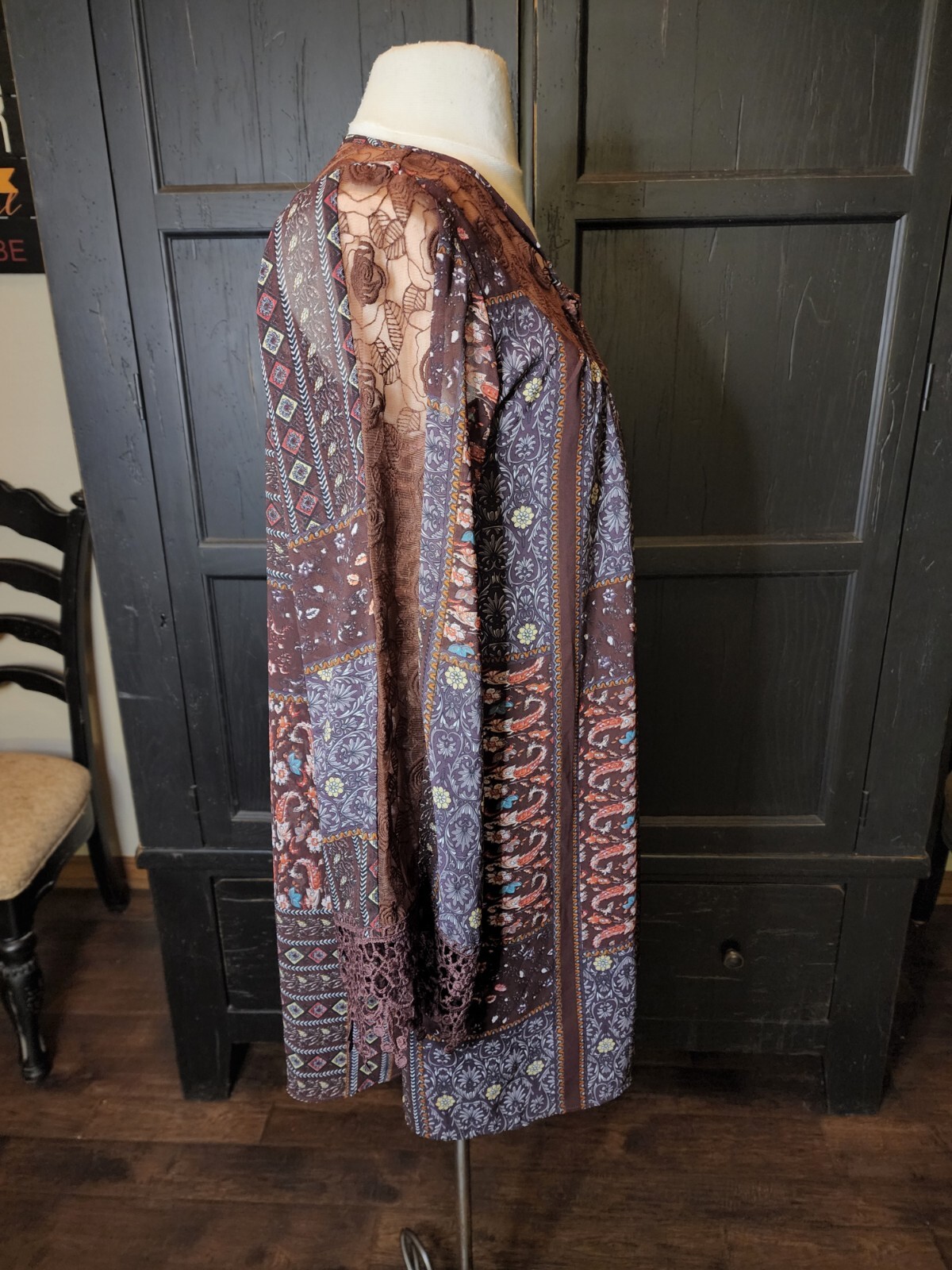 Bow + Arrow Boho Peasant Dress Brown Patchwork Sheer Lace Tassels Women’s S EUC