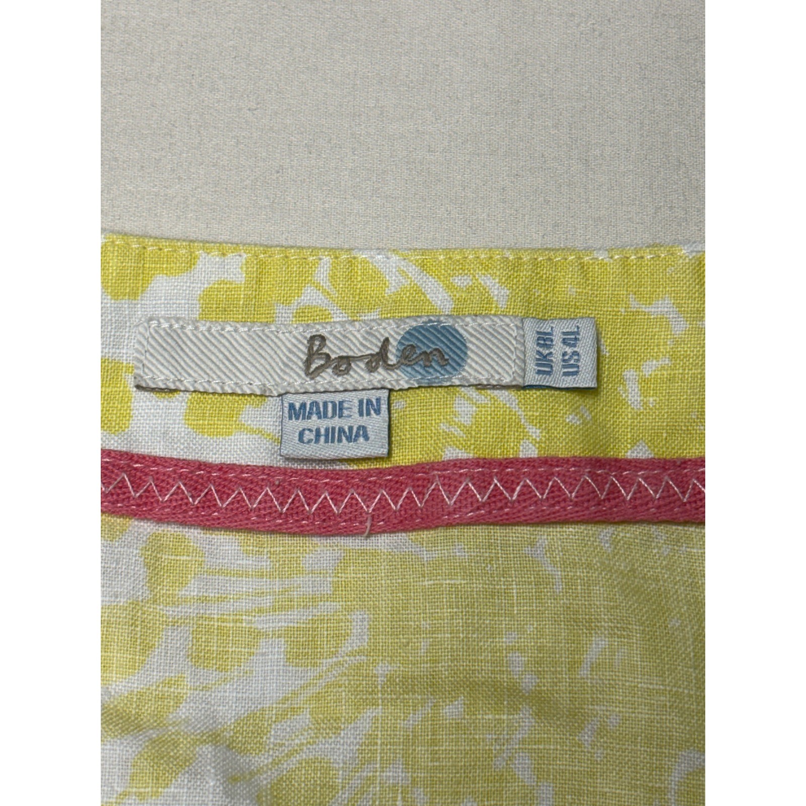 Boden Yellow White Linen Floral A-Line Dress 3/4 Sleeve Notched V-Neck US 4L